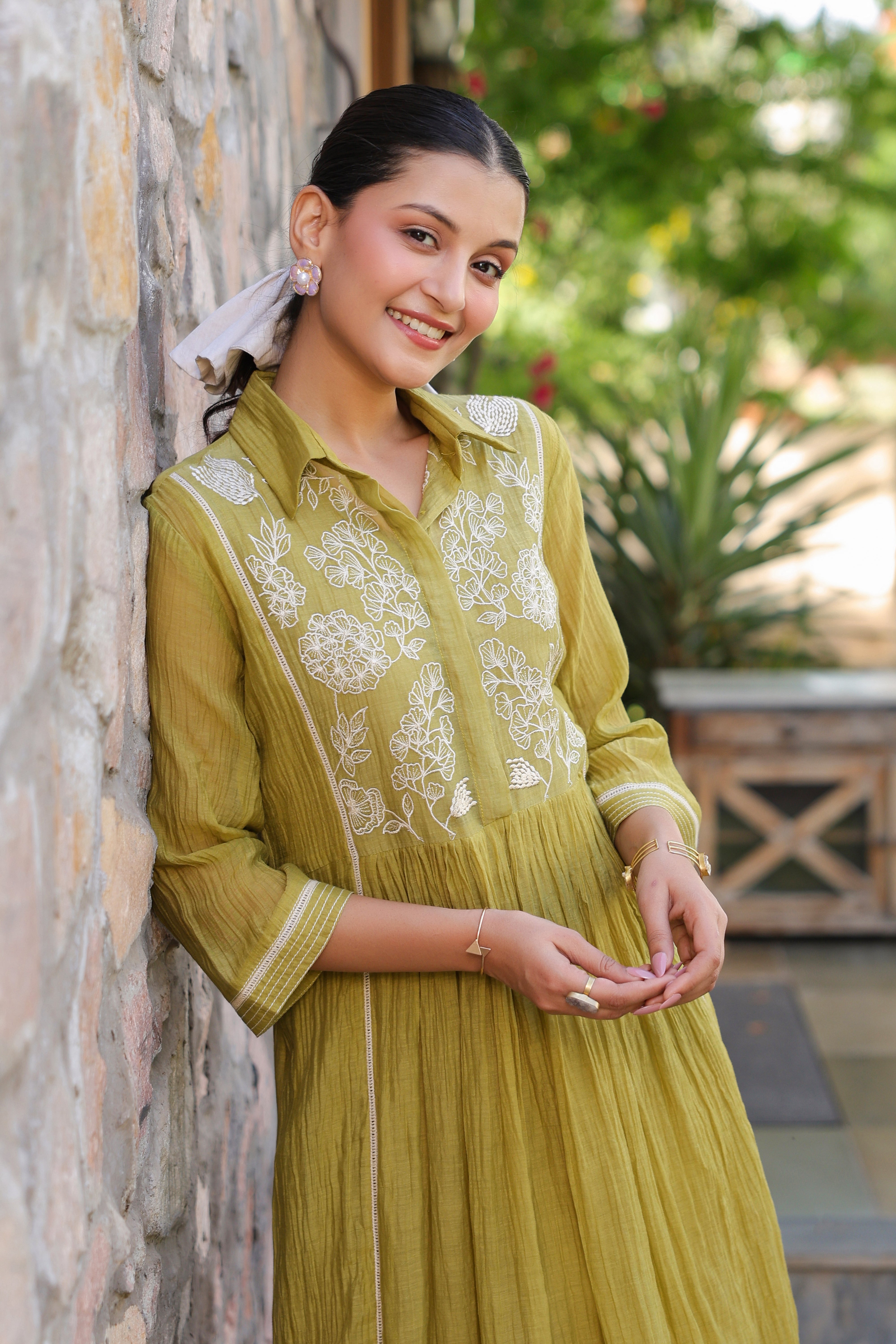 Gul Green Yoke Embroidered Dress