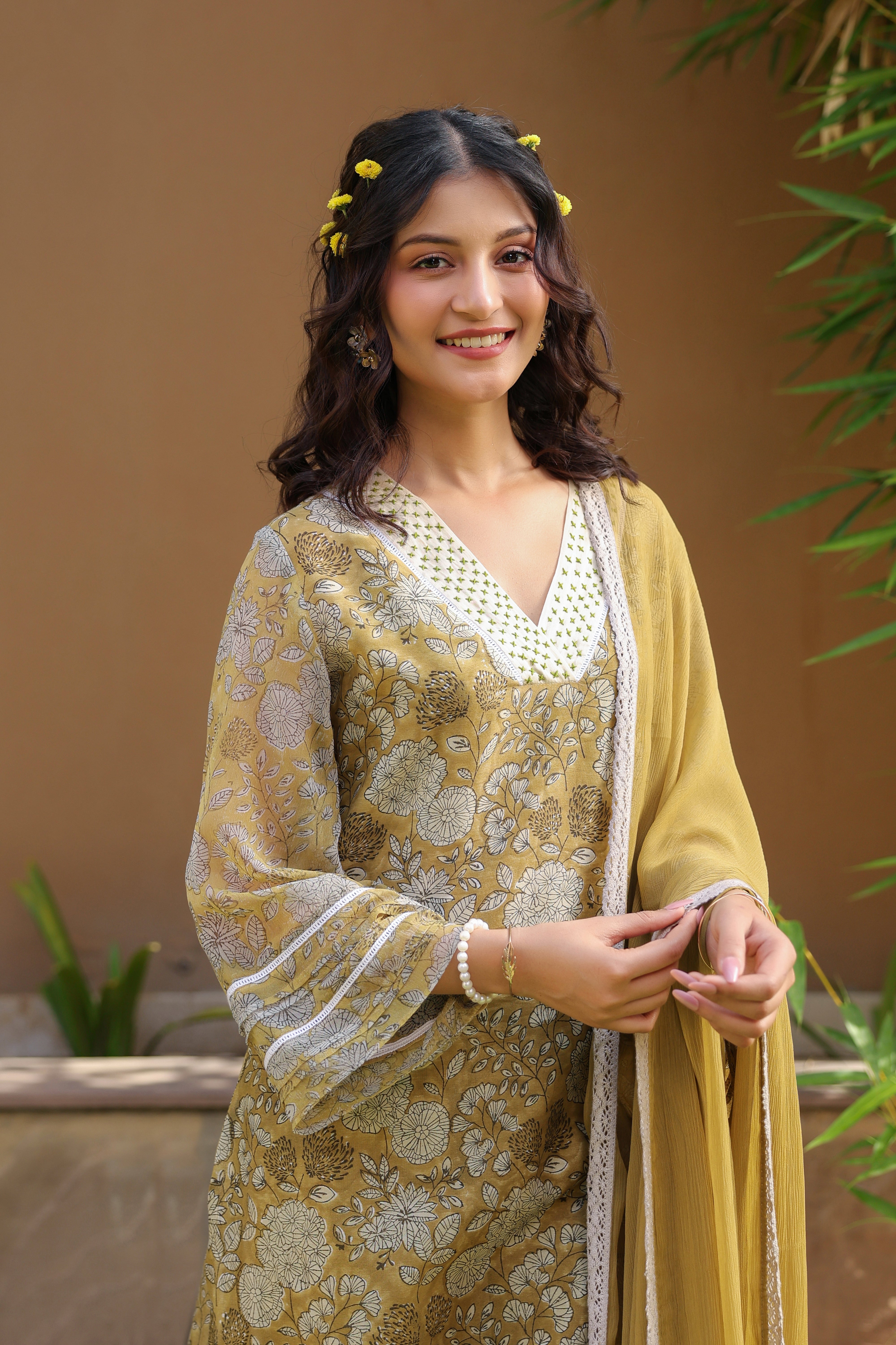 Gul Green Chanderi Printed Suit Set