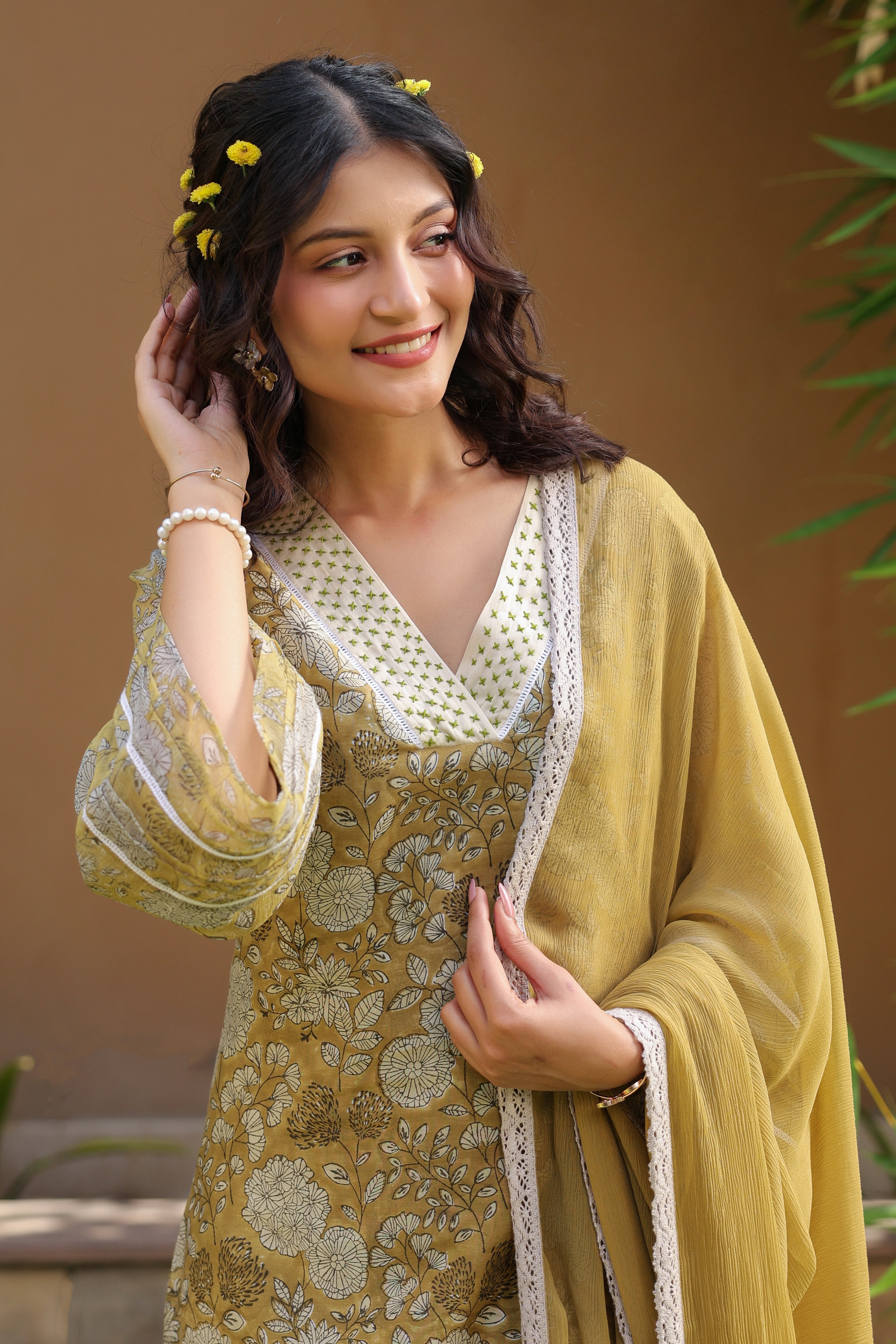 Gul Green Chanderi Printed Suit Set
