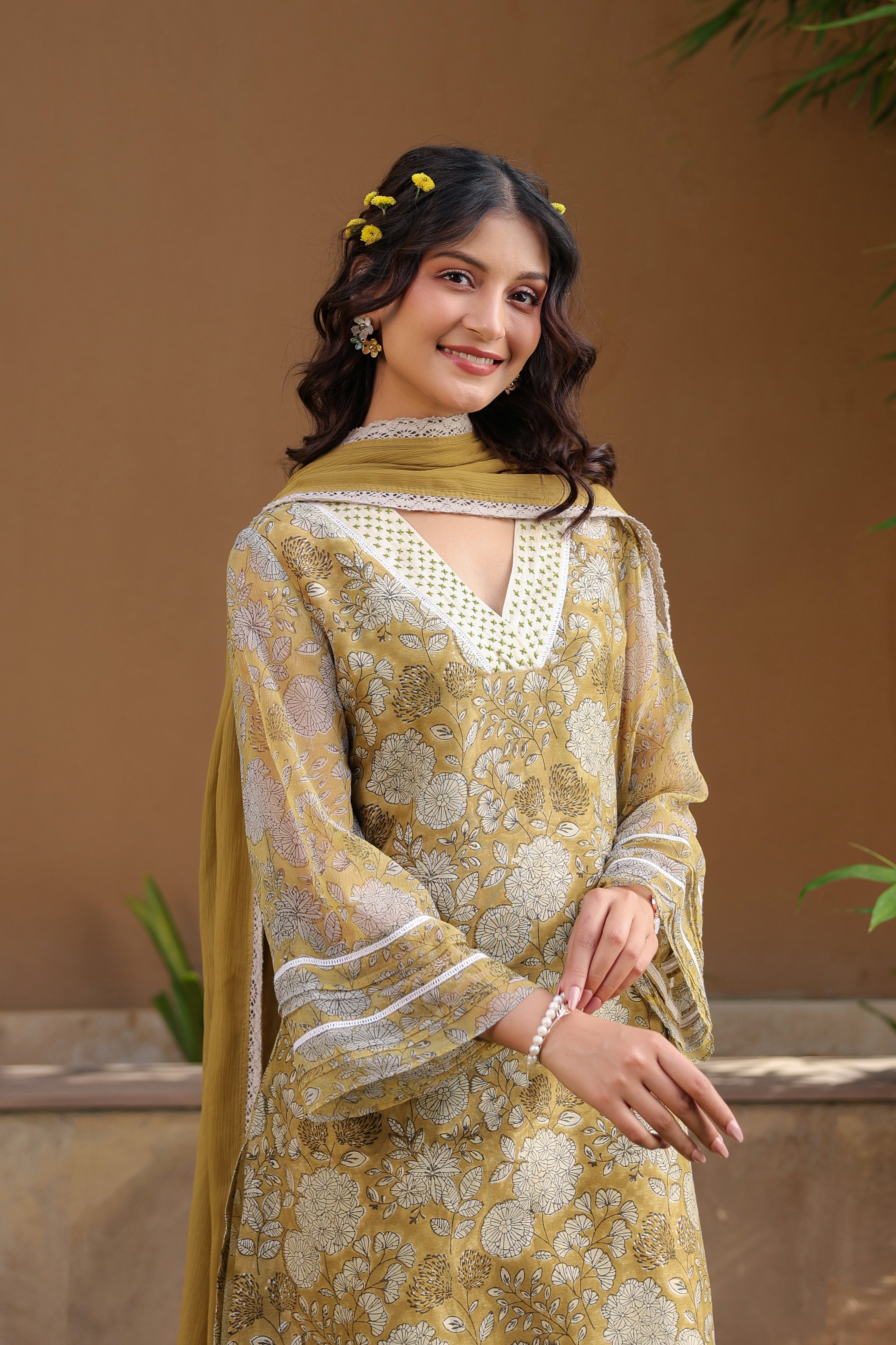 Gul Green Chanderi Printed Suit Set