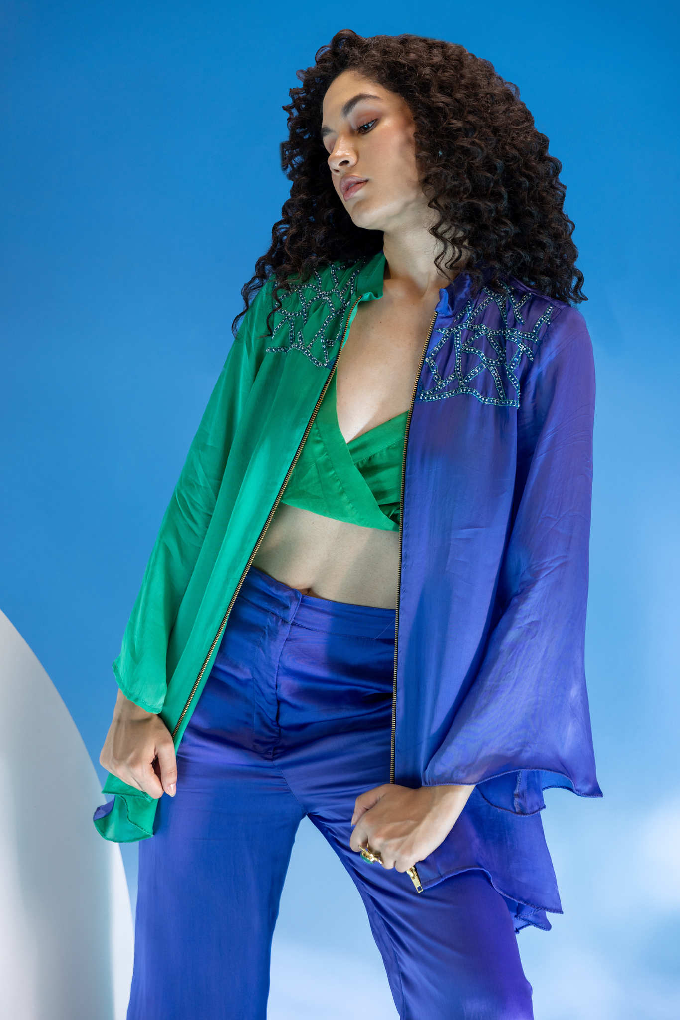 Color Block purple and Green Organza Co-Ord Set -3pcs