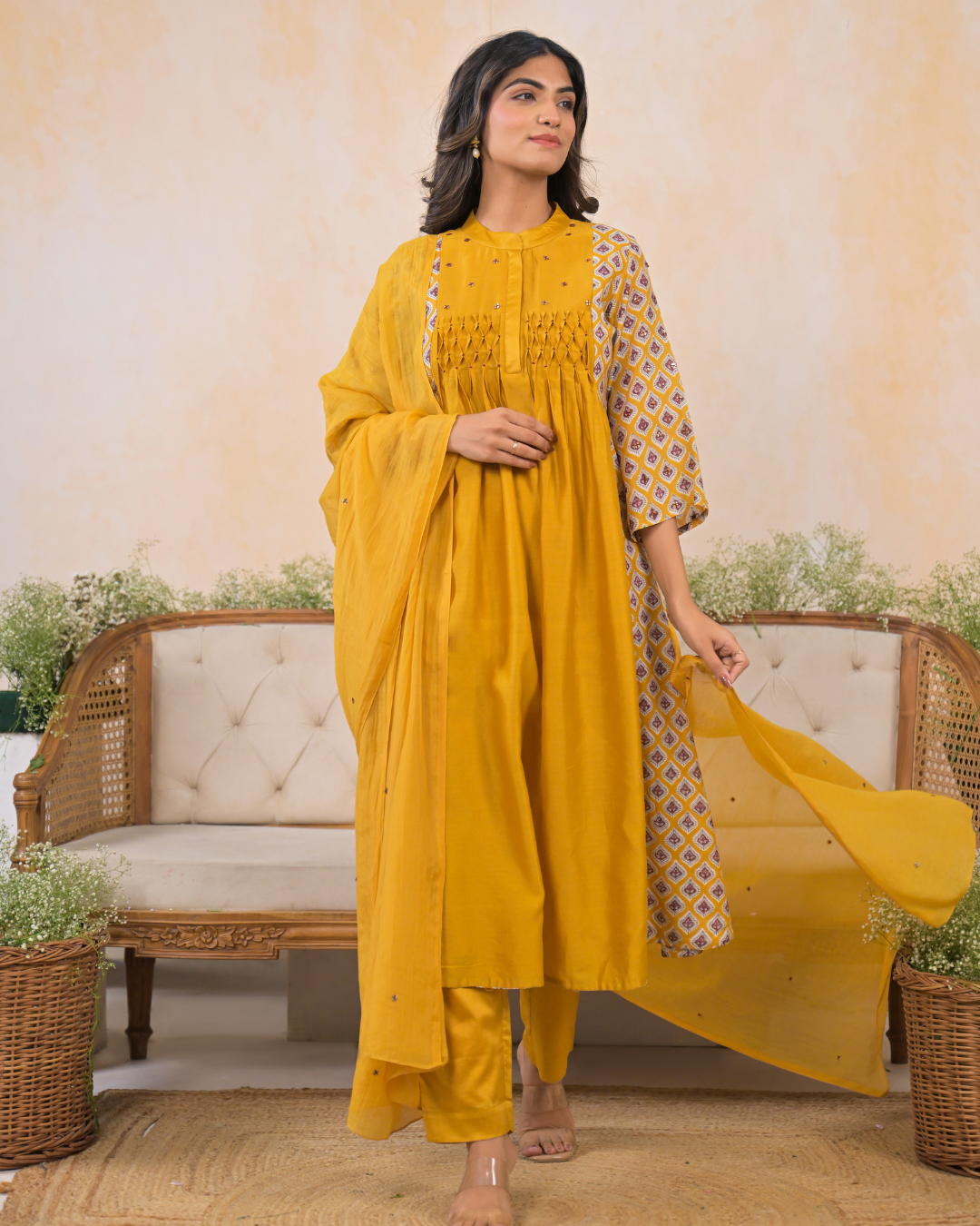 Sunheri smocking kurta