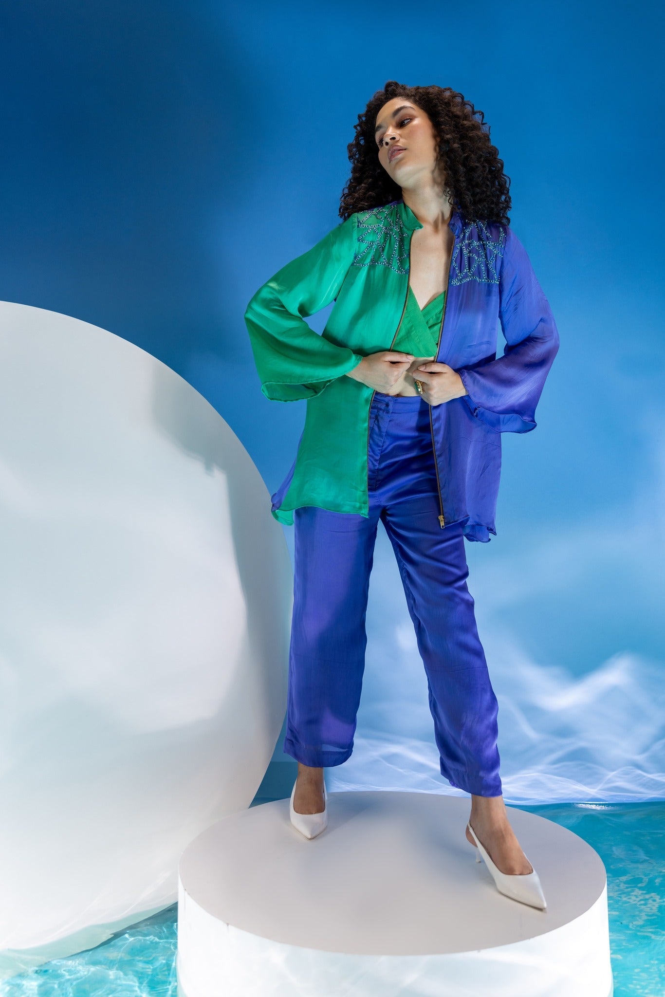 Color Block purple and Green Organza Co-Ord Set -3pcs
