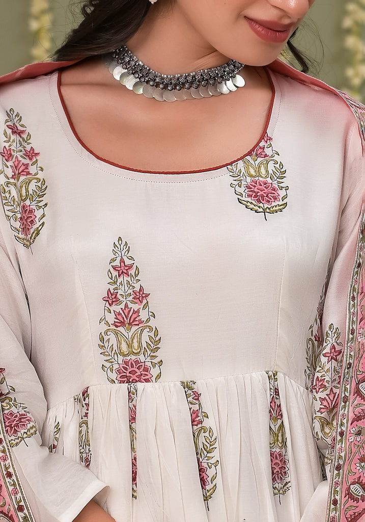 Pegaam block print muslin anarkali and duppata -2pcs