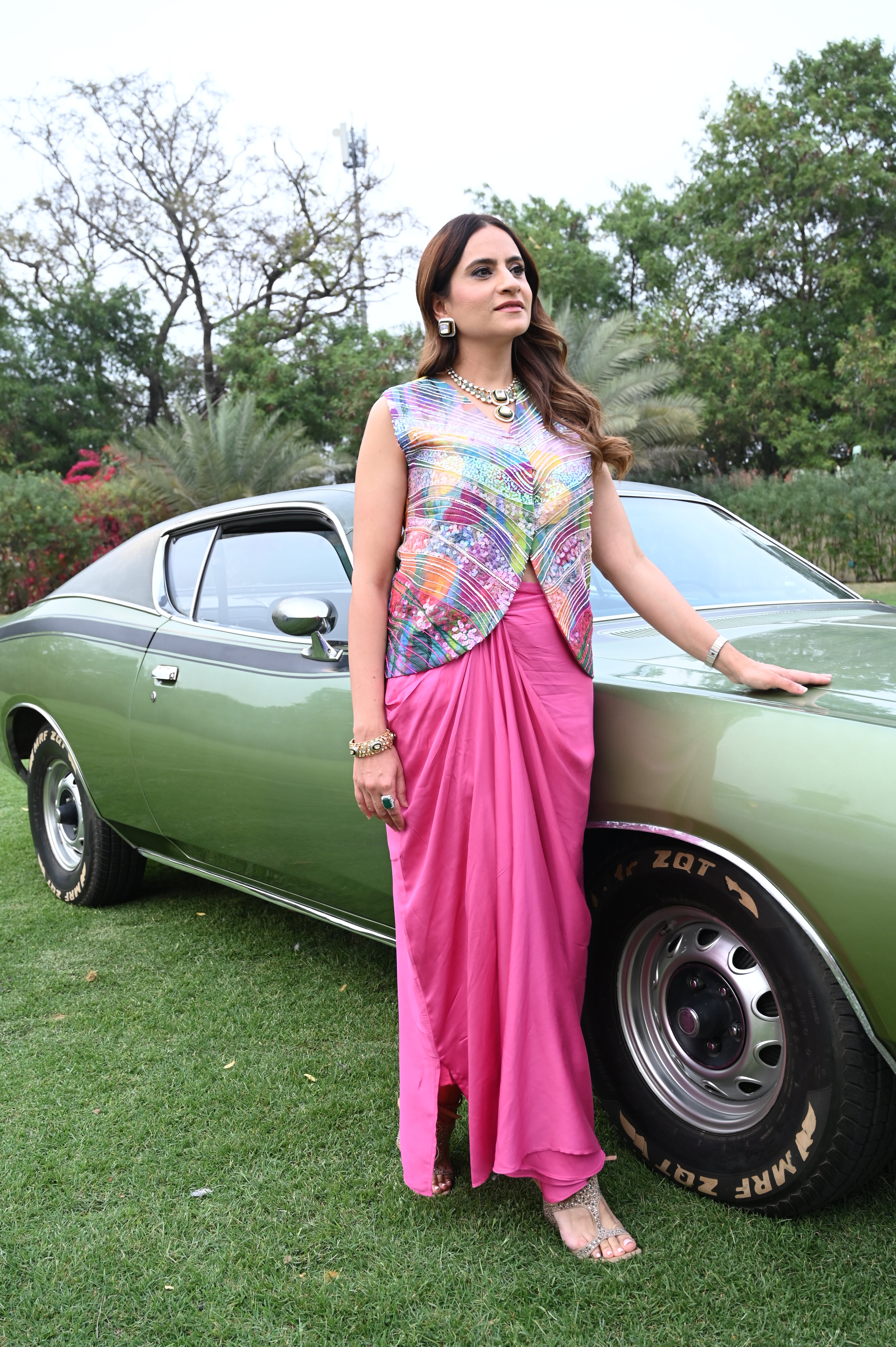 Pink embellished jacket with drape skirt