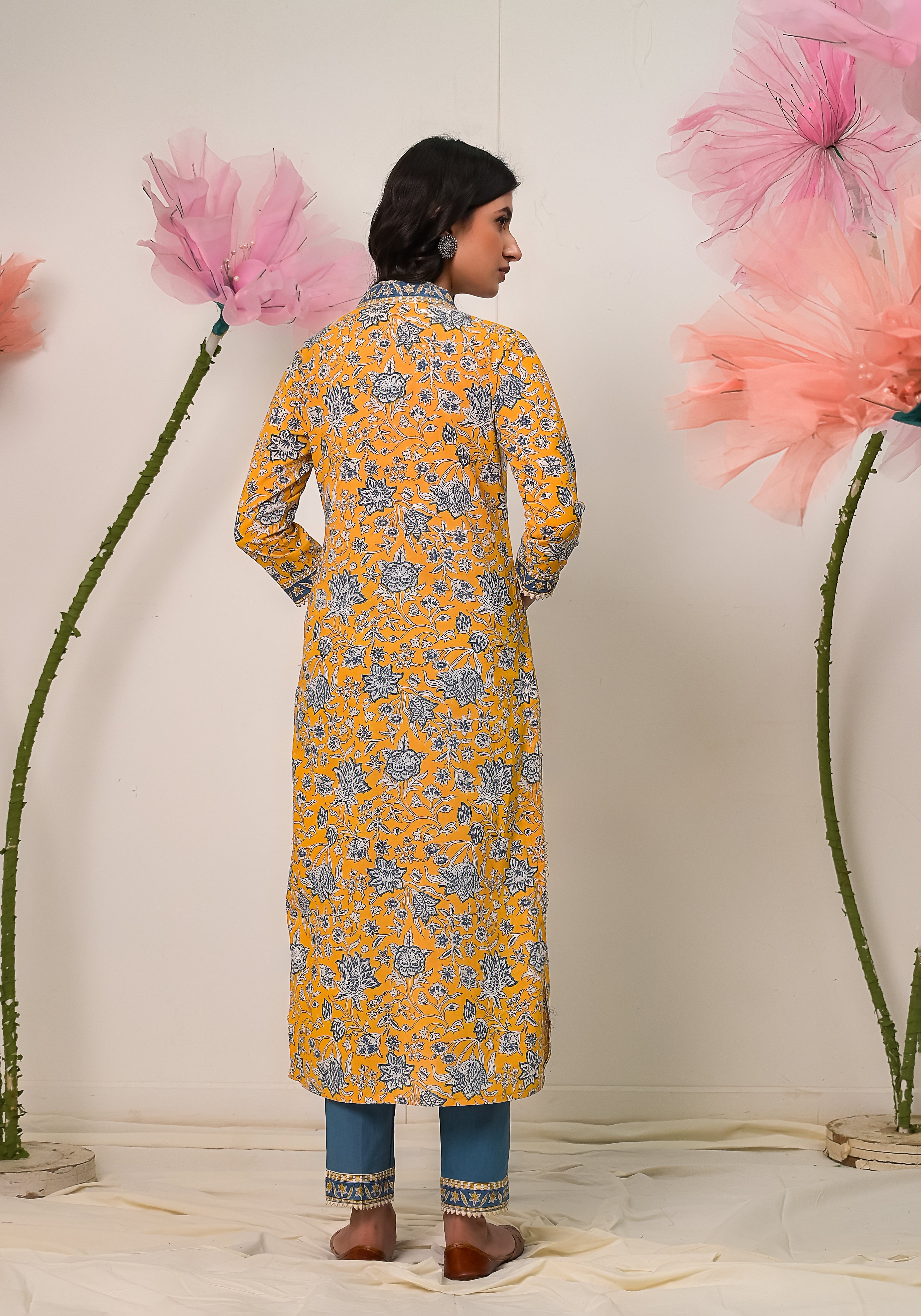 Florence block print V-neck Yellow cotton kurta Pant-2pcs