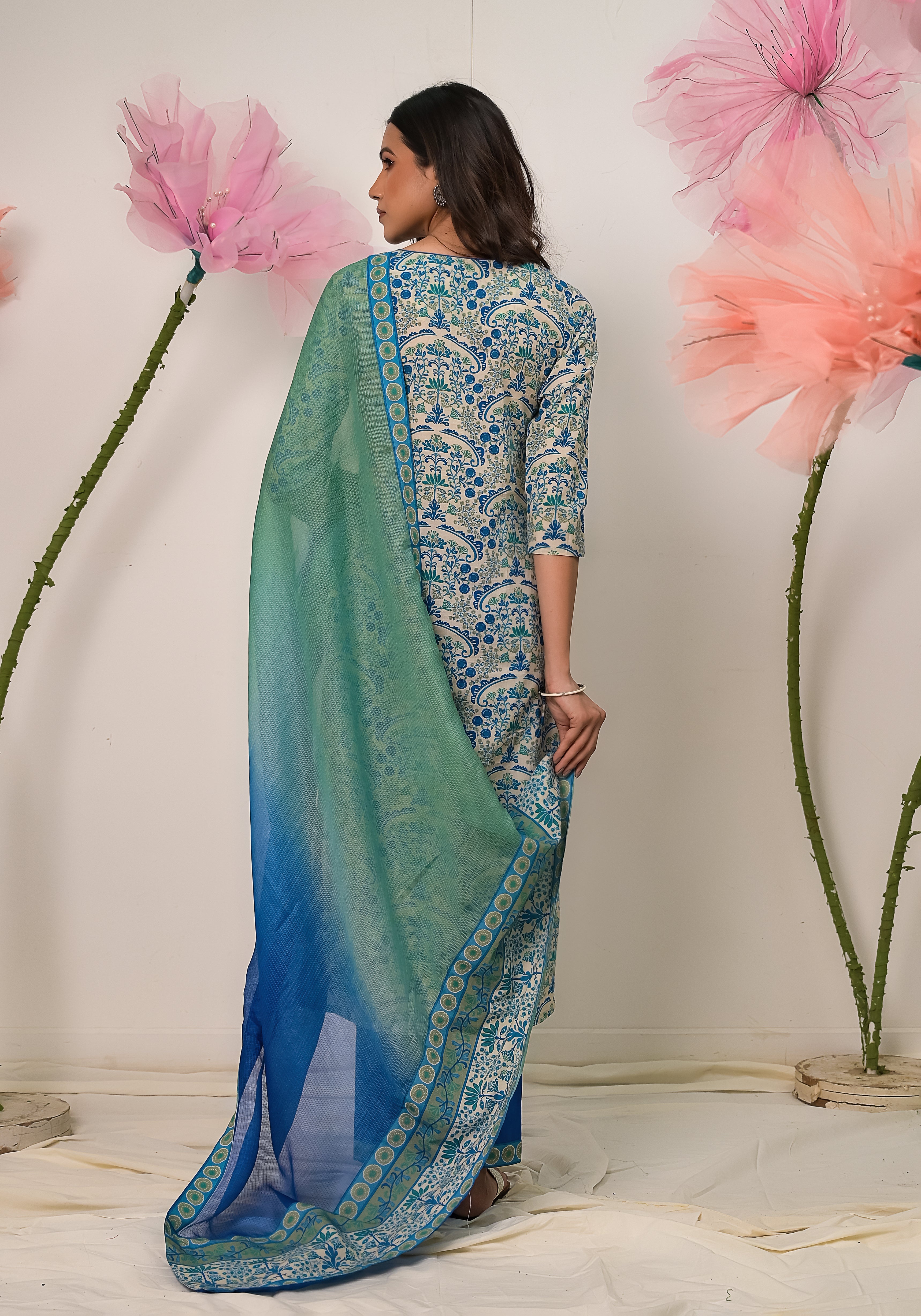 Florentina contemporary floral print  Blue cotton pintuck kurta