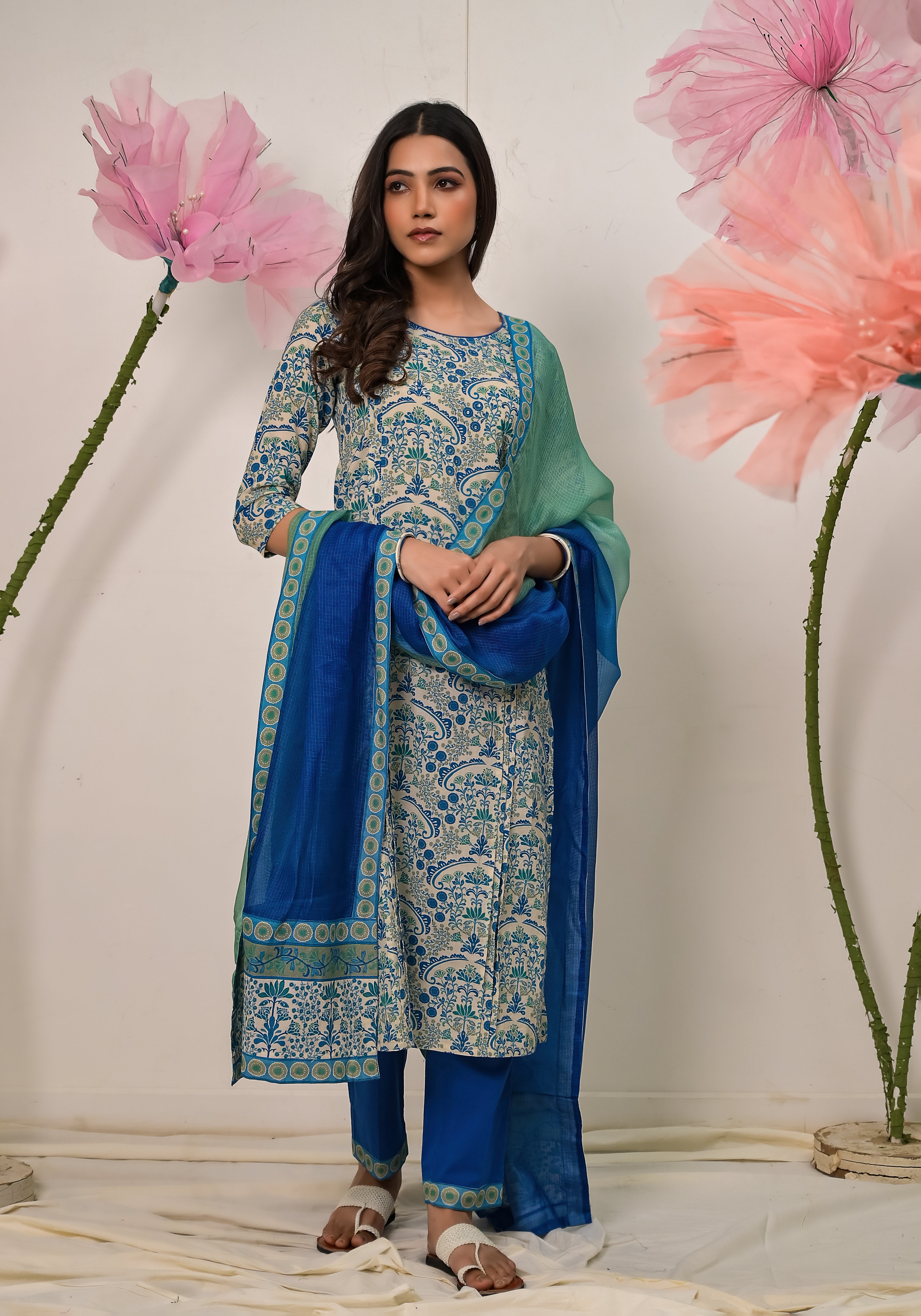 Florentina contemporary floral print  Blue cotton pintuck kurta