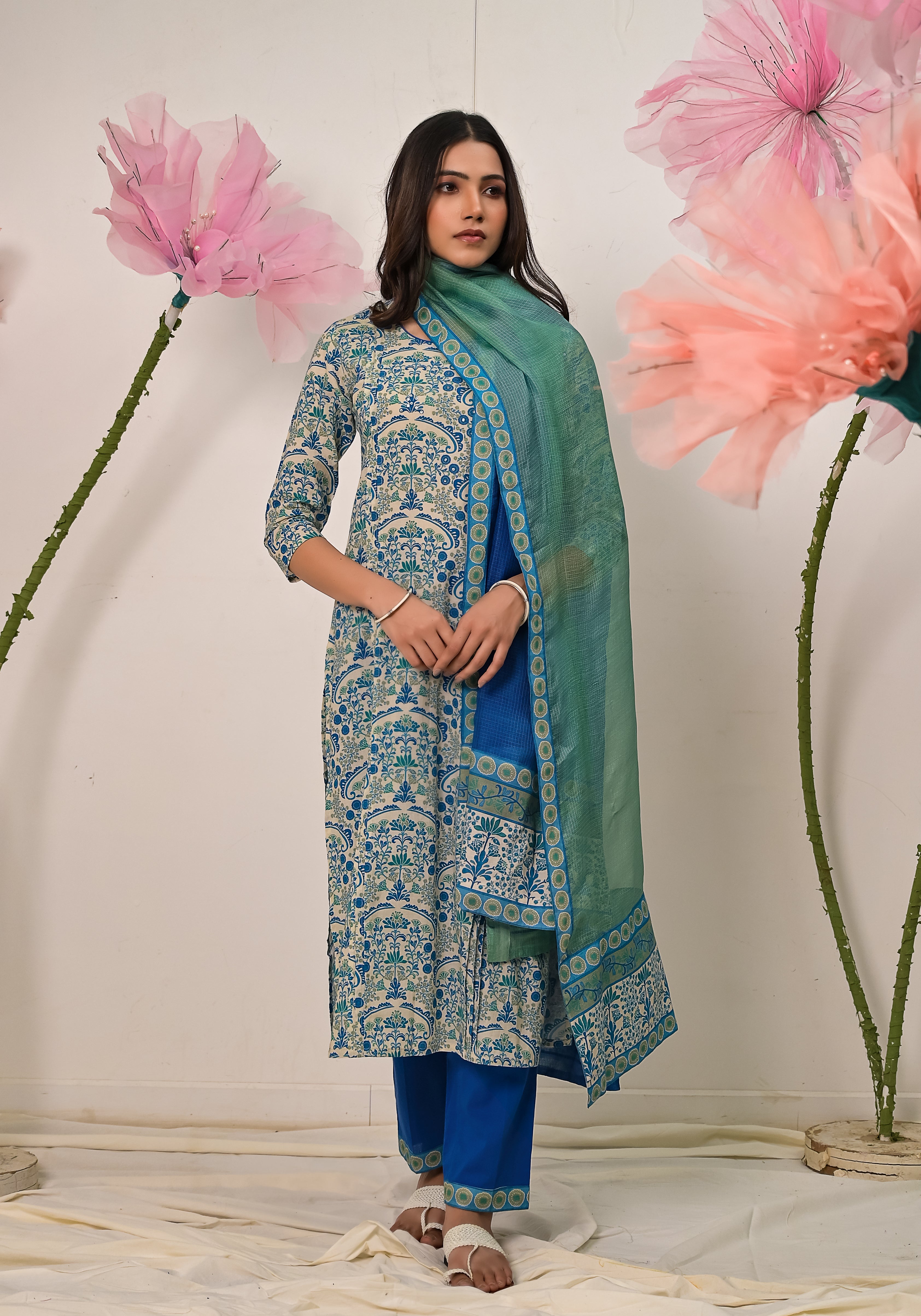 Florentina contemporary floral print  Blue cotton pintuck kurta