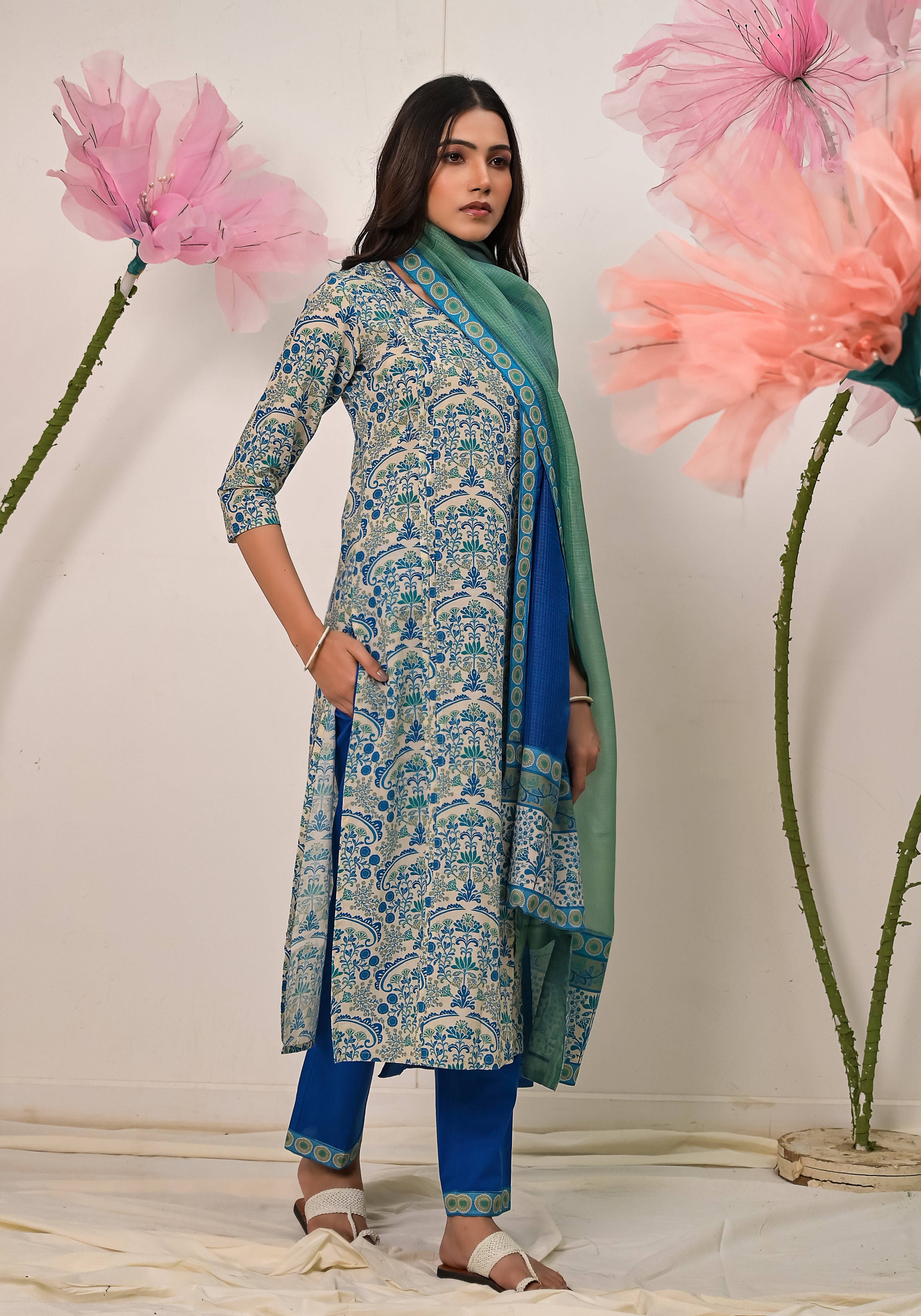 Florentina contemporary floral print  Blue cotton pintuck kurta