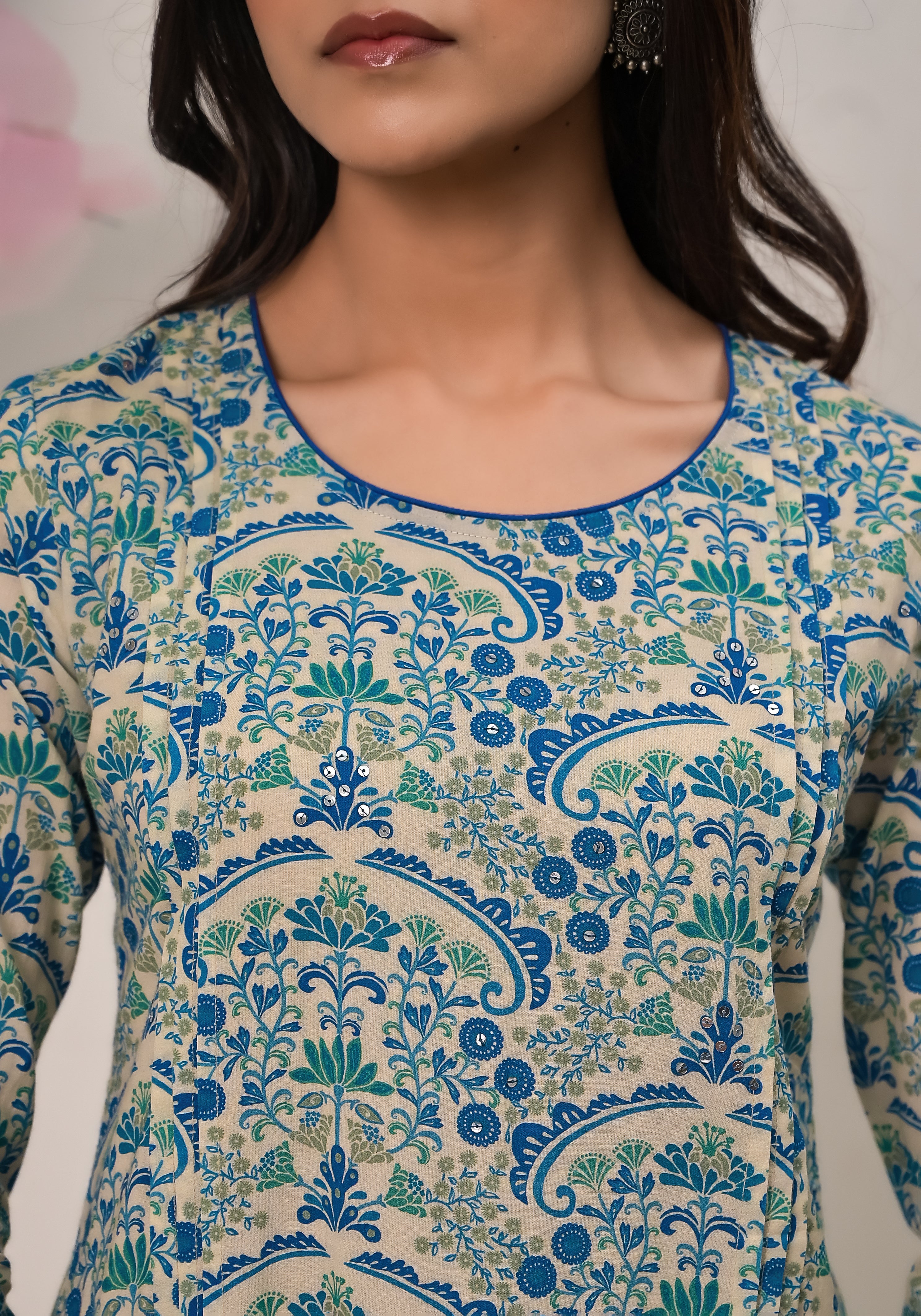 Florentina contemporary floral print  Blue cotton pintuck kurta
