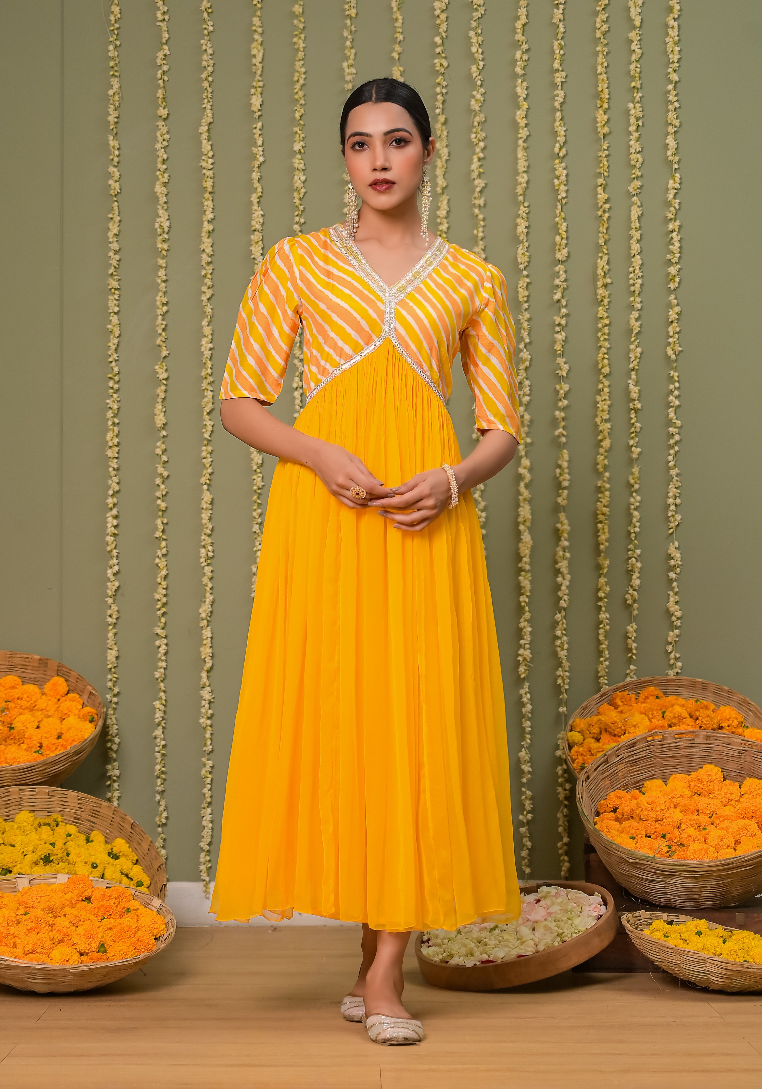 Amiya Leheriya Print Yoke and Solid Chiffon Dress
