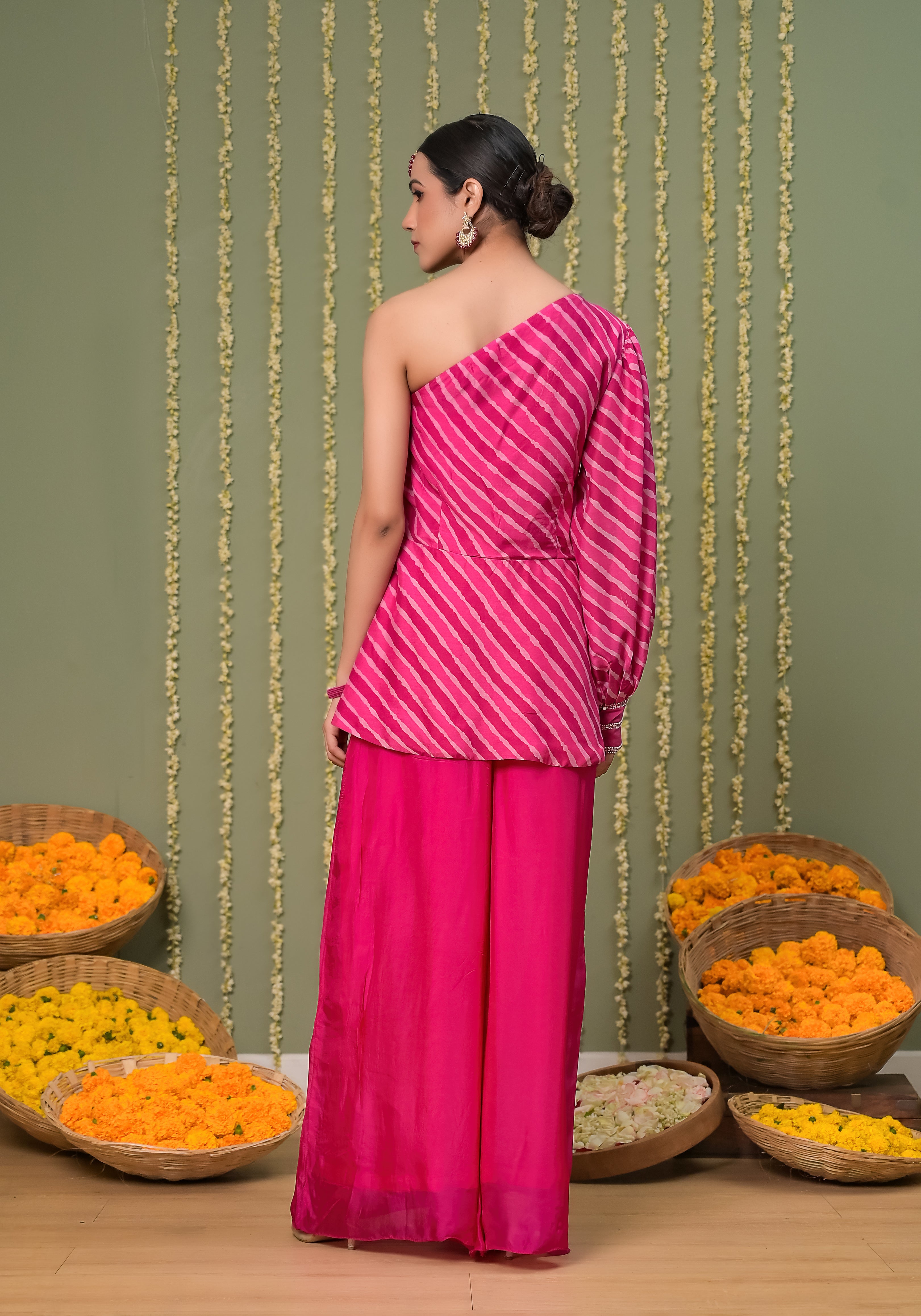 Gulabi Leheriya Off Shoulder Top With Sharara
