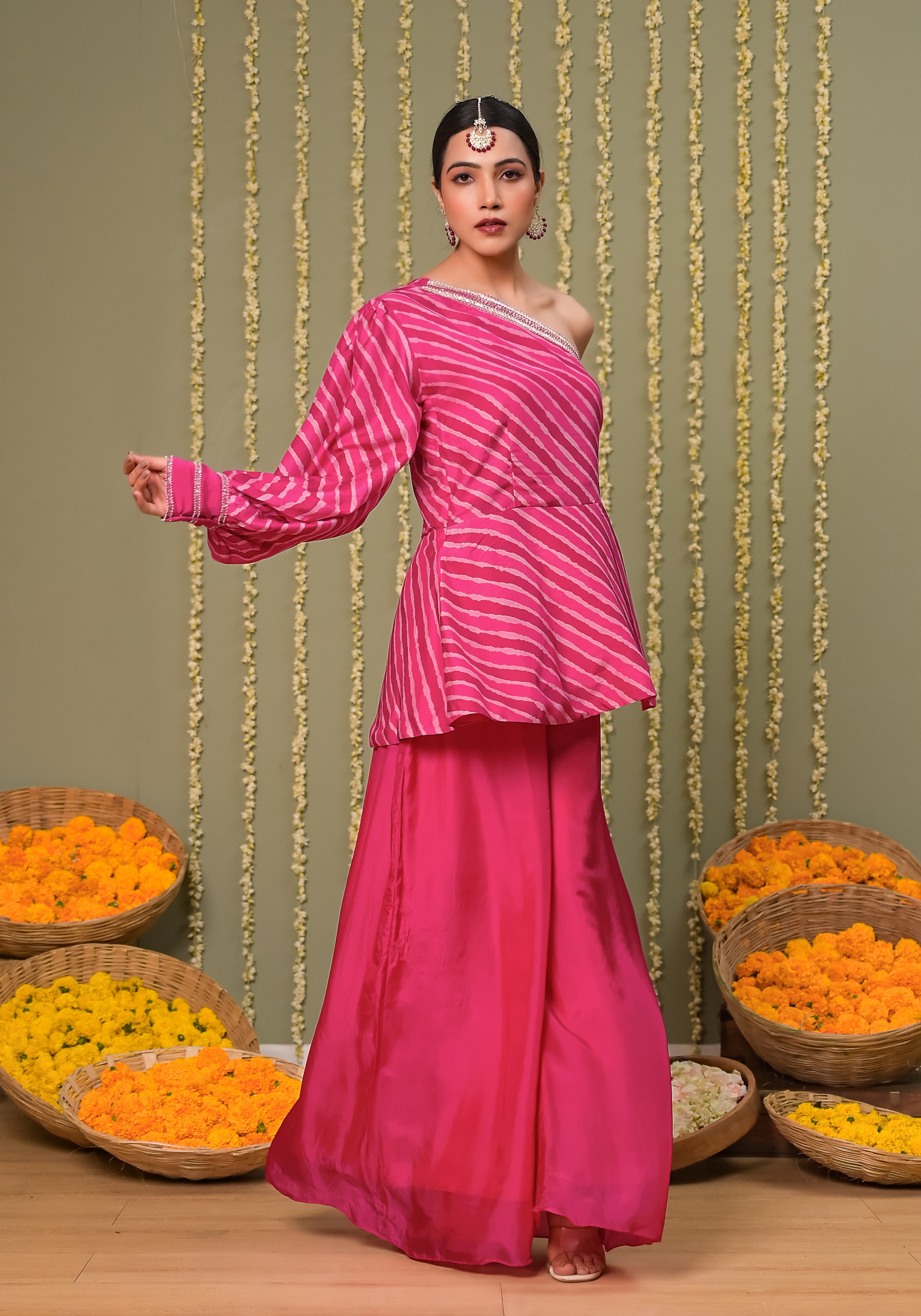 Gulabi Leheriya Off Shoulder Top With Sharara