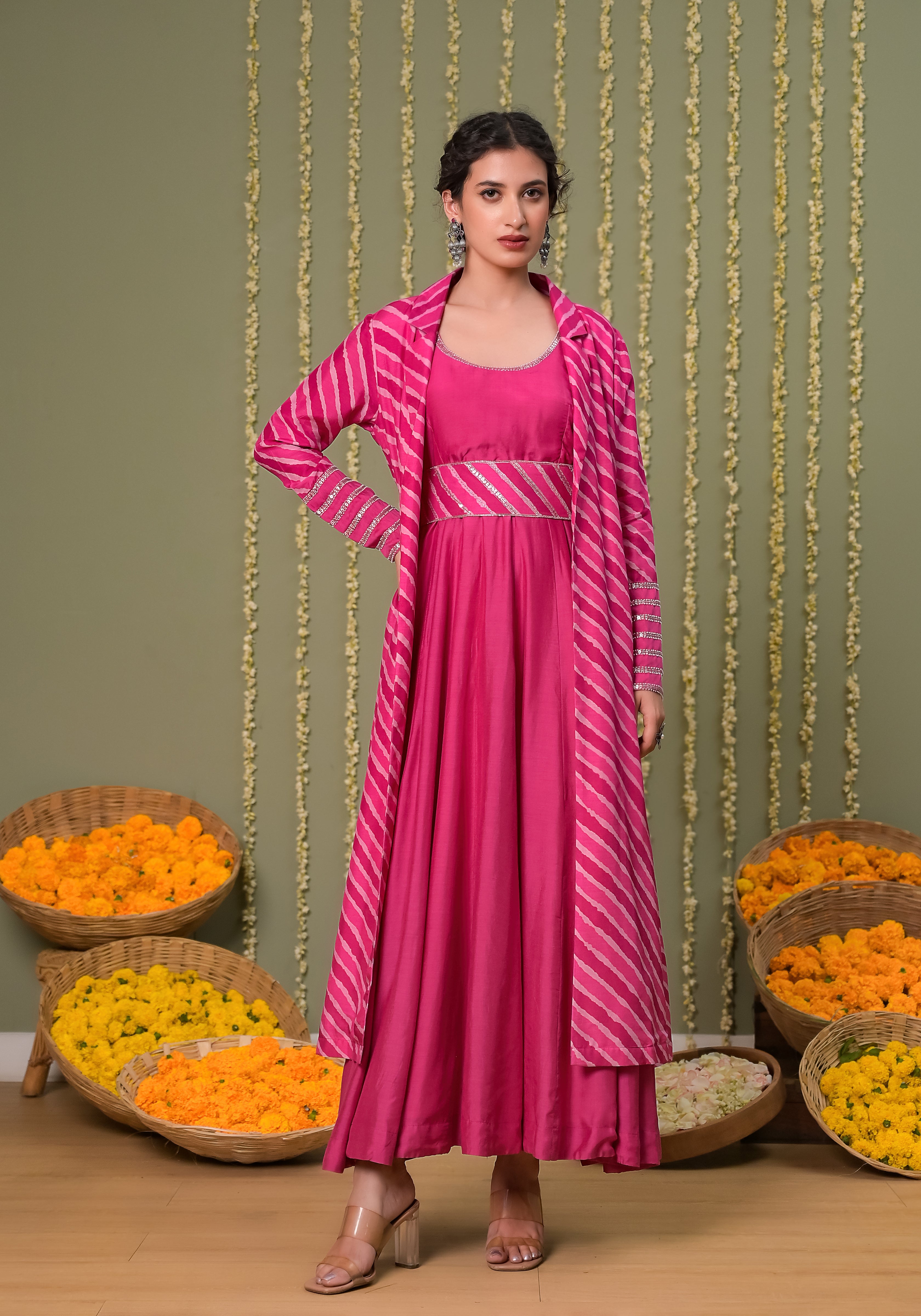 Gulabi Leheriya  long Jacket with Solid Pink Anarkali Dress and Belt