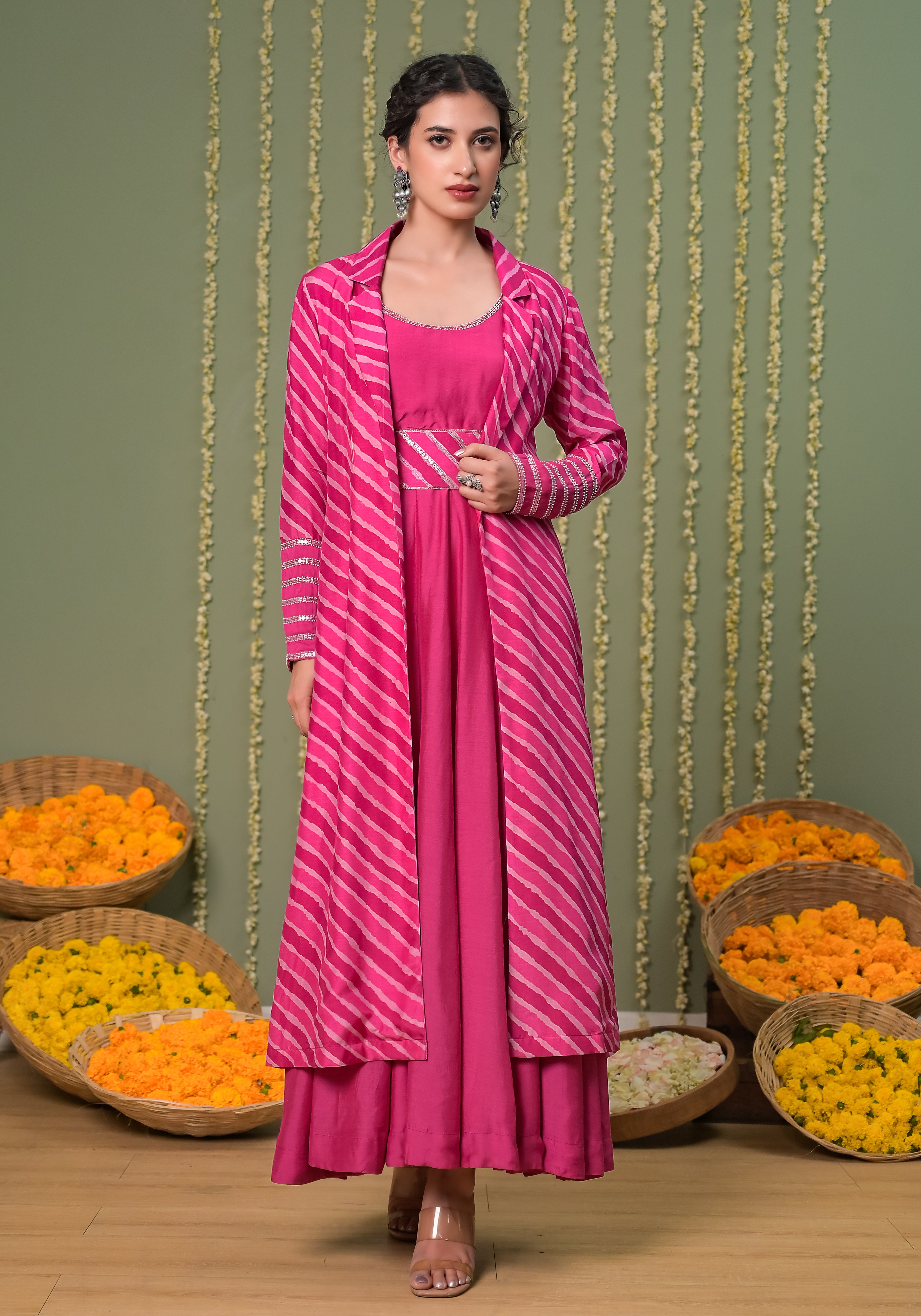 Gulabi Leheriya  long Jacket with Solid Pink Anarkali Dress and Belt
