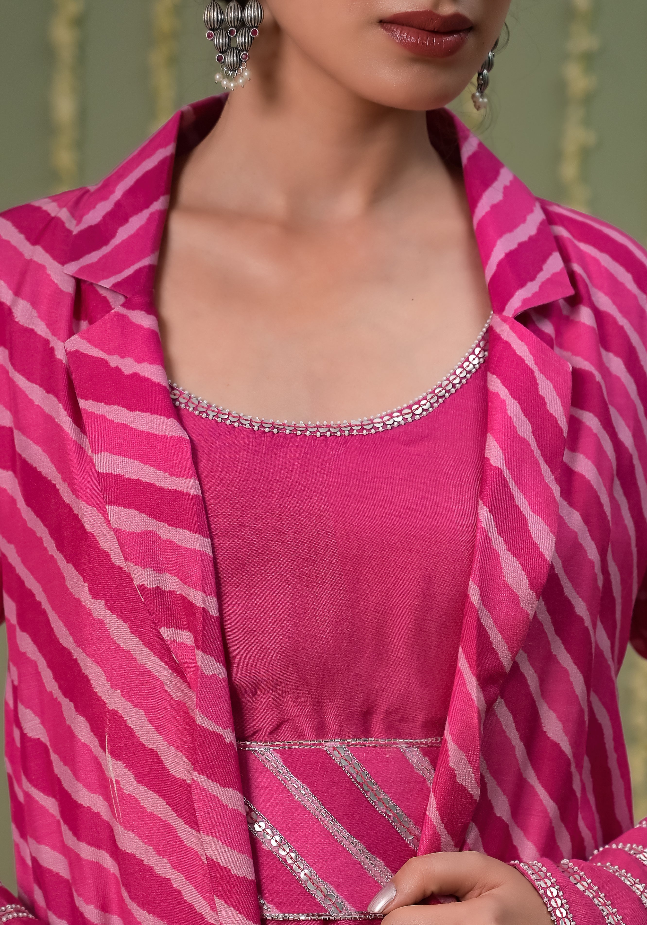 Gulabi Leheriya  long Jacket with Solid Pink Anarkali Dress and Belt