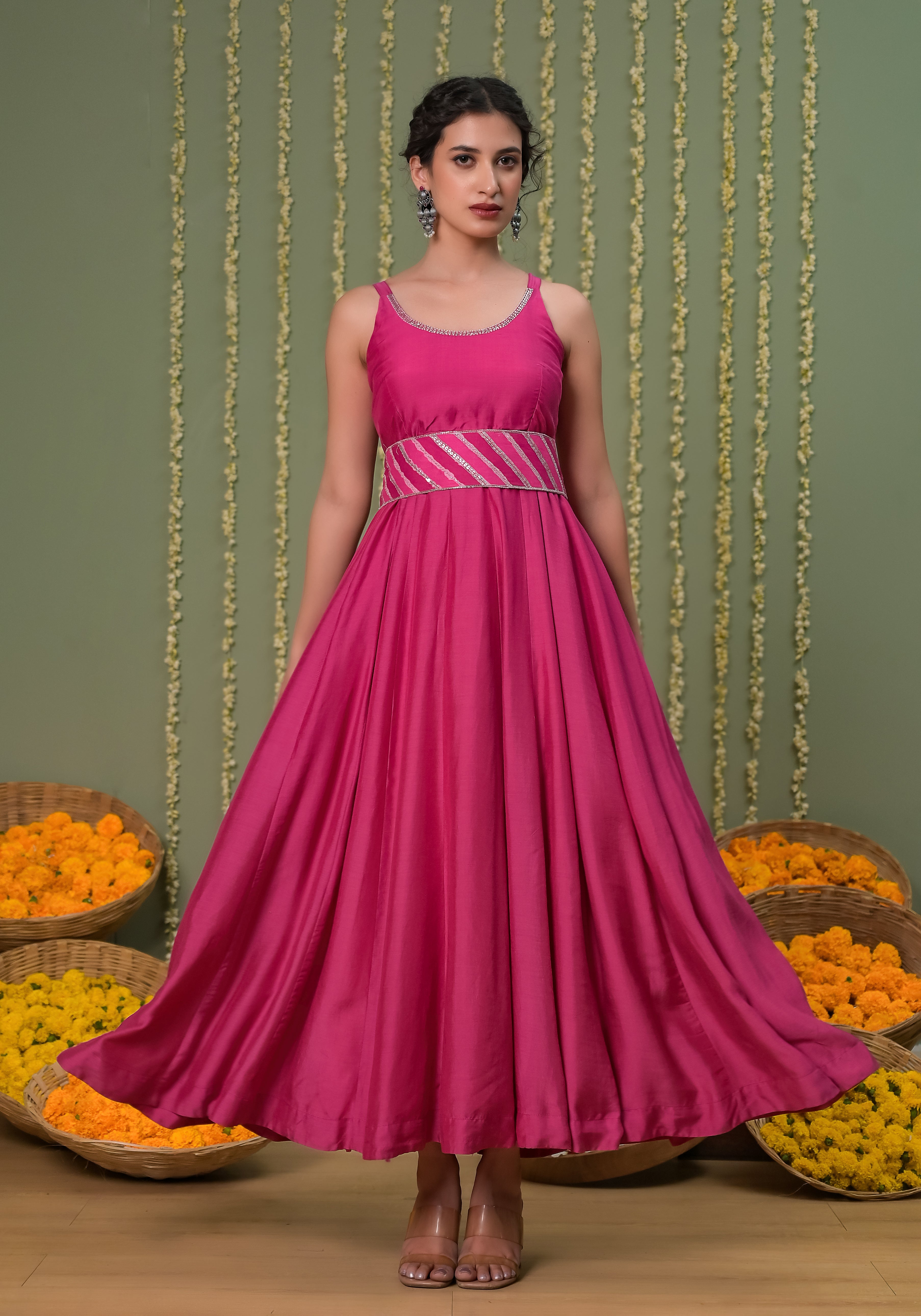 Gulabi Leheriya  long Jacket with Solid Pink Anarkali Dress and Belt