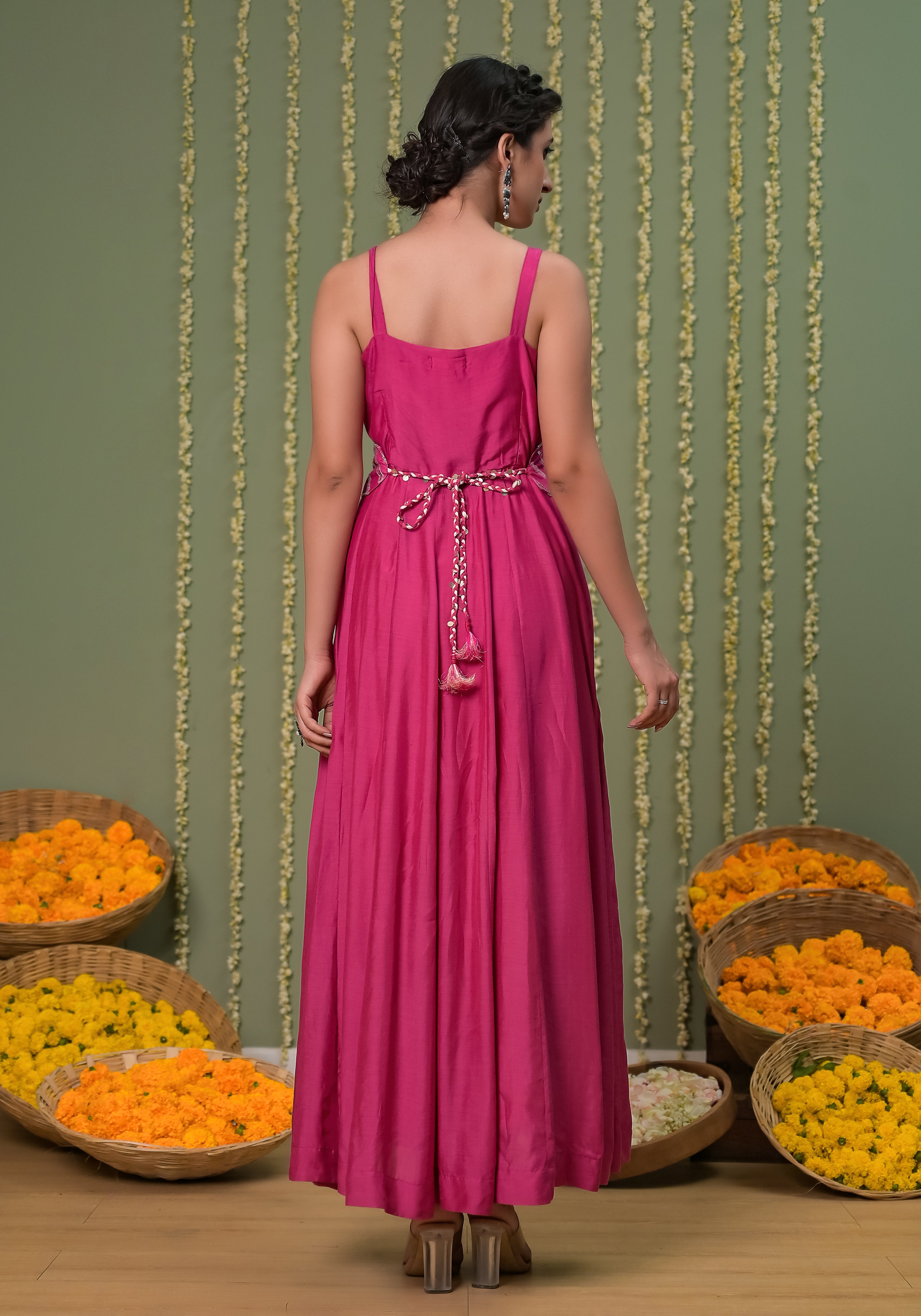 Gulabi Leheriya  long Jacket with Solid Pink Anarkali Dress and Belt