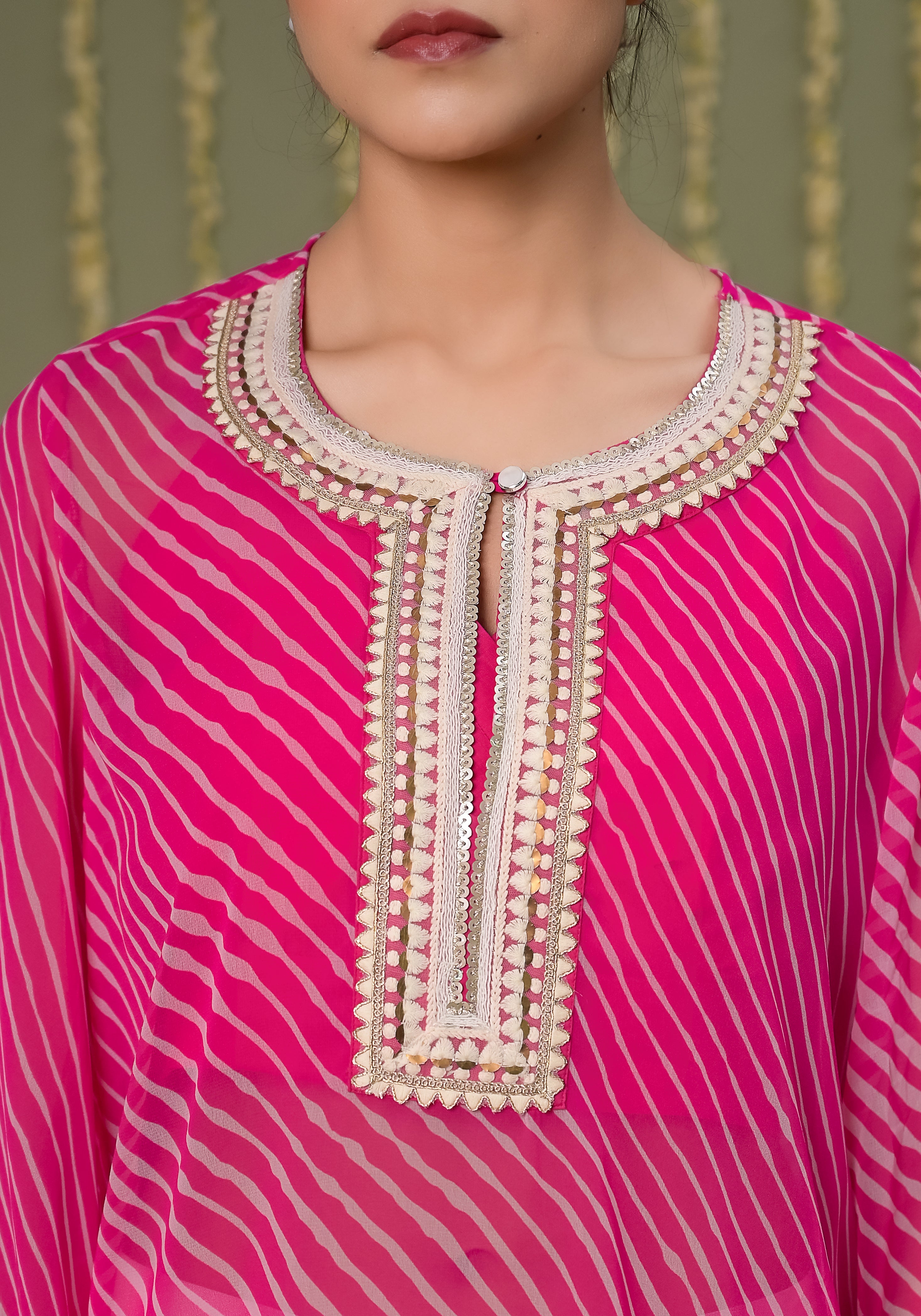 Pink Leheriya Printed Crochet Detailing Shirt.