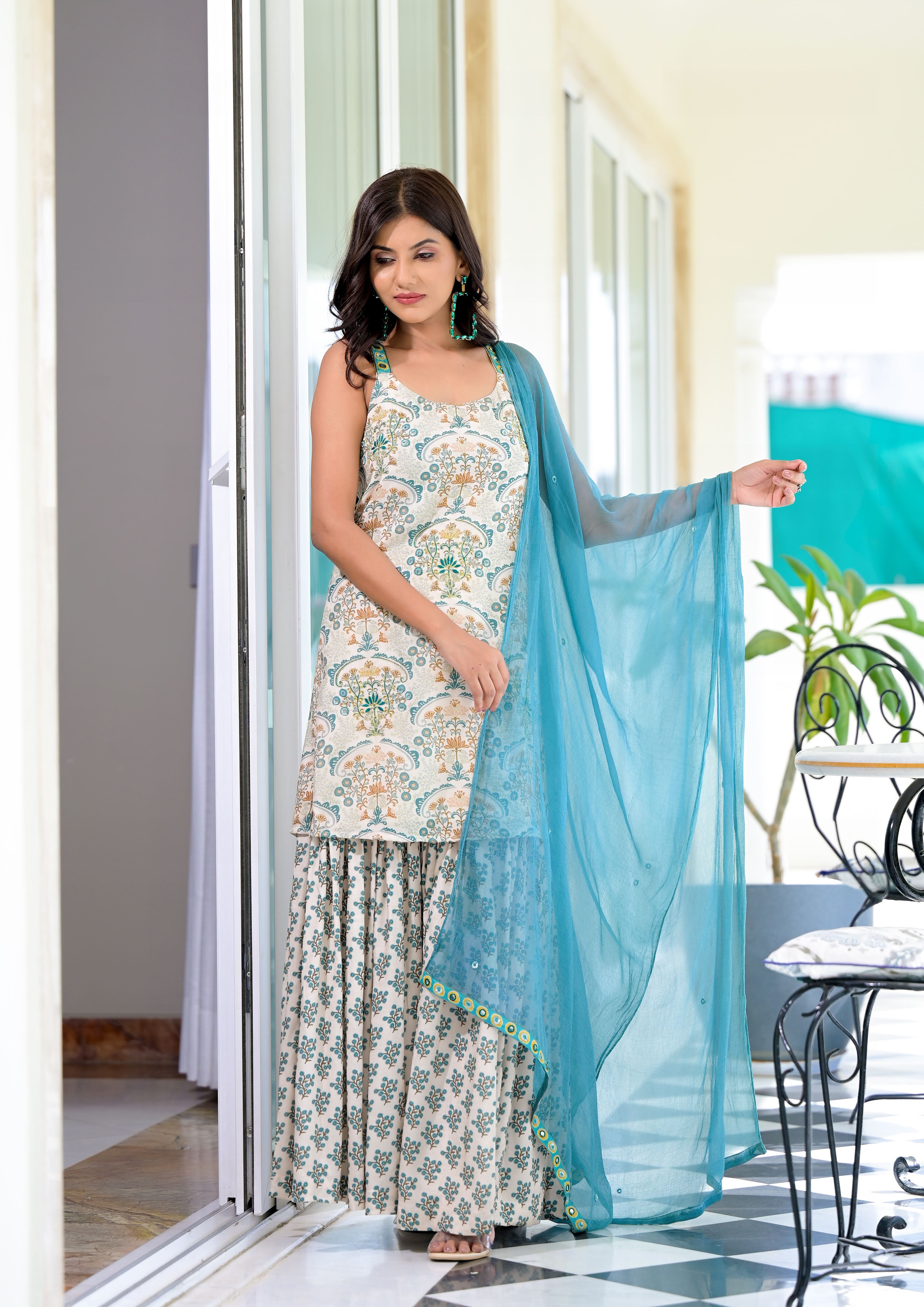 Florentina Muslin Silk Printed Sharara Kurti Set - 3Pcs