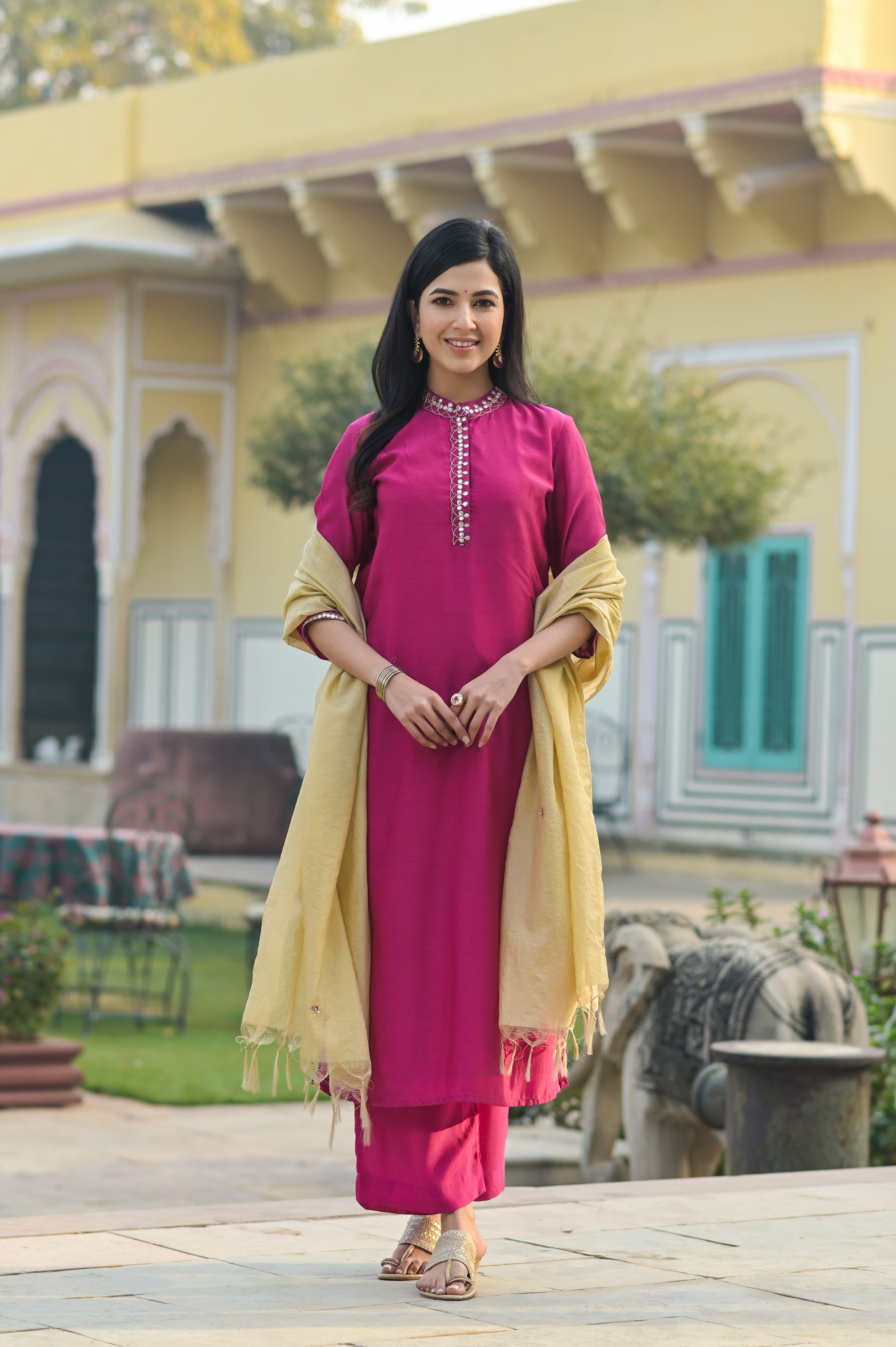 Hot Pink Silk Kurta Set-3pcs