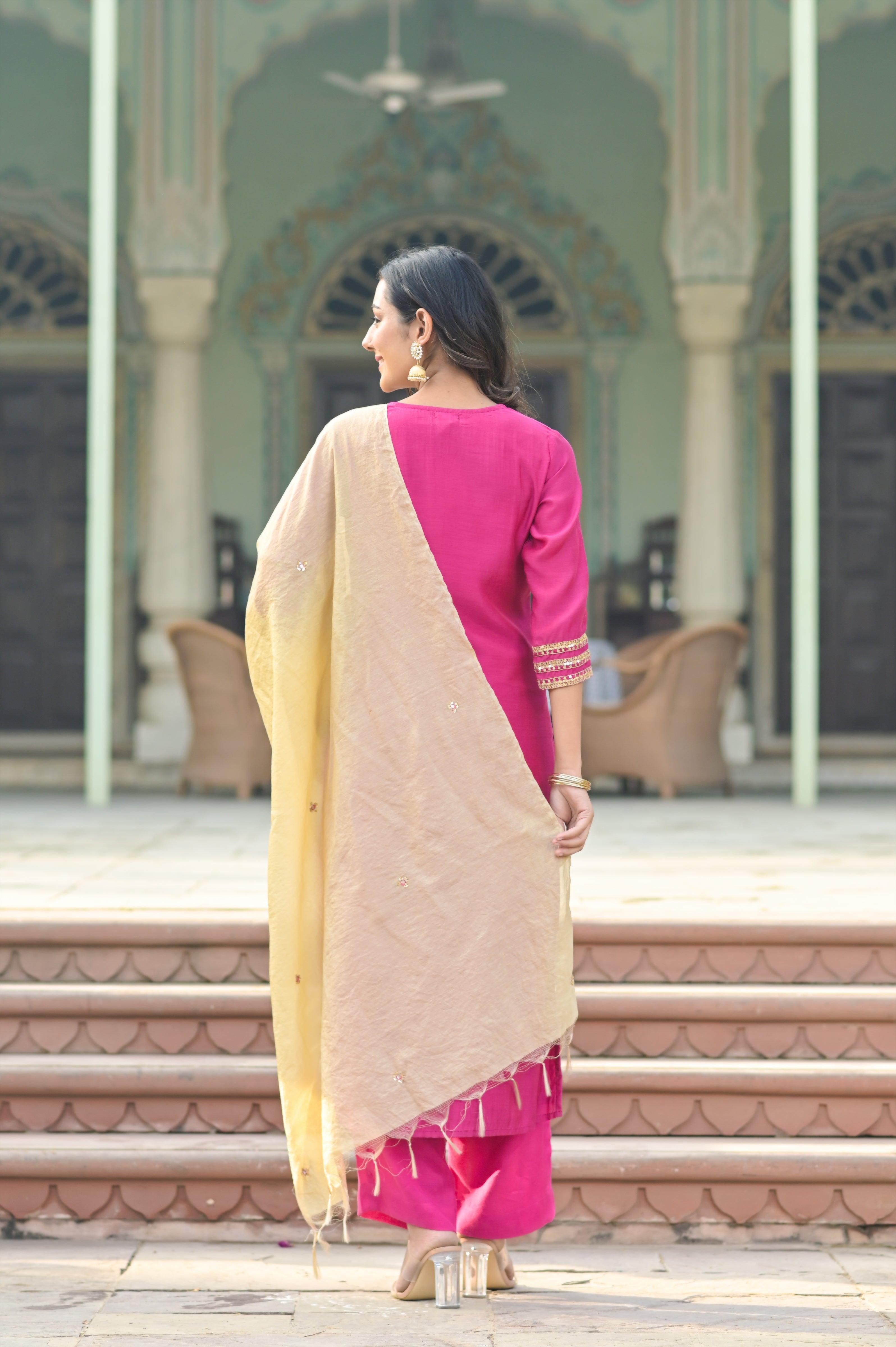 Hot Pink Lotus Buti Kurta Set-3pcs