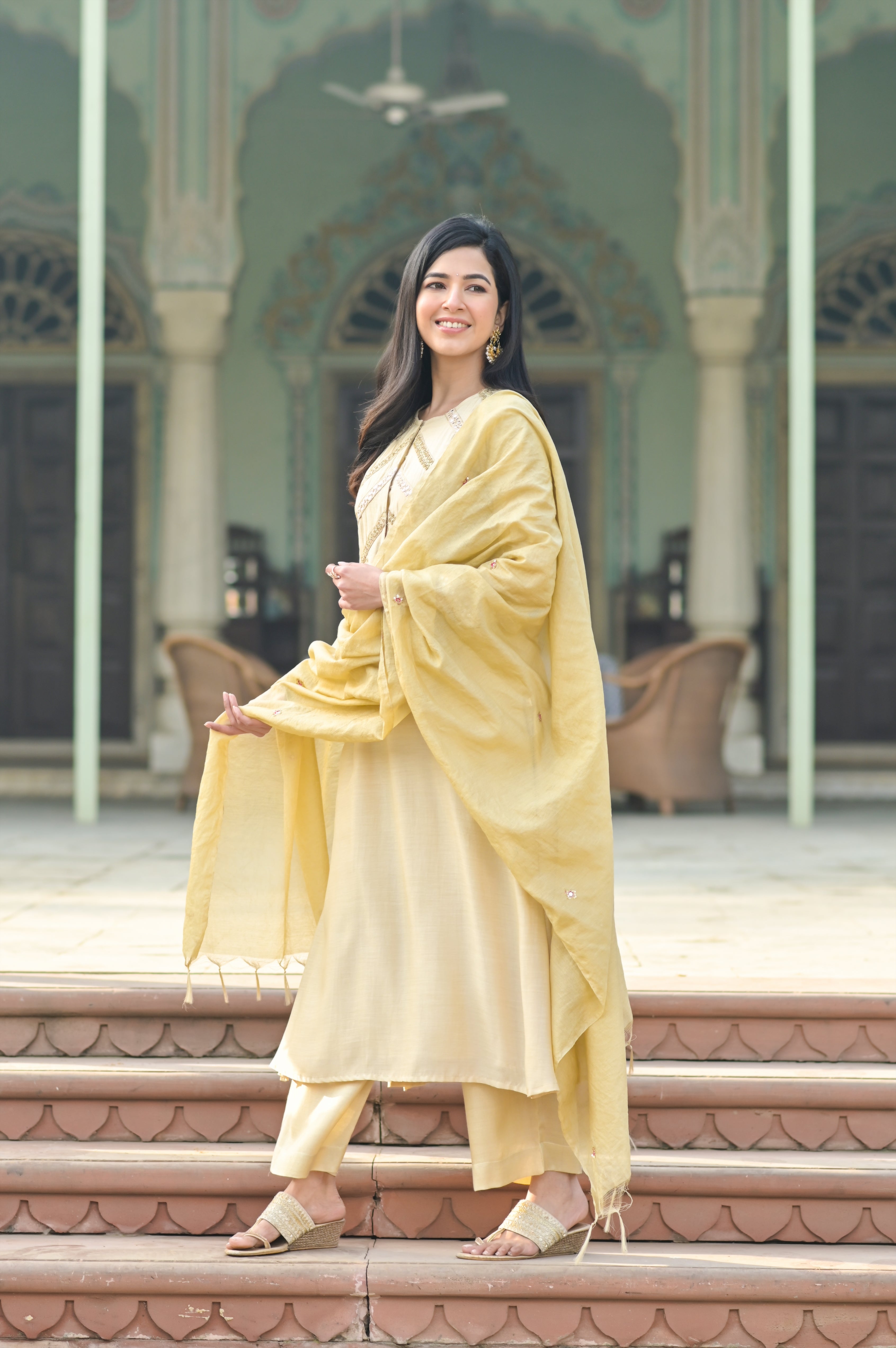 Beige Aari Work Placket Kurta Set-2pcs