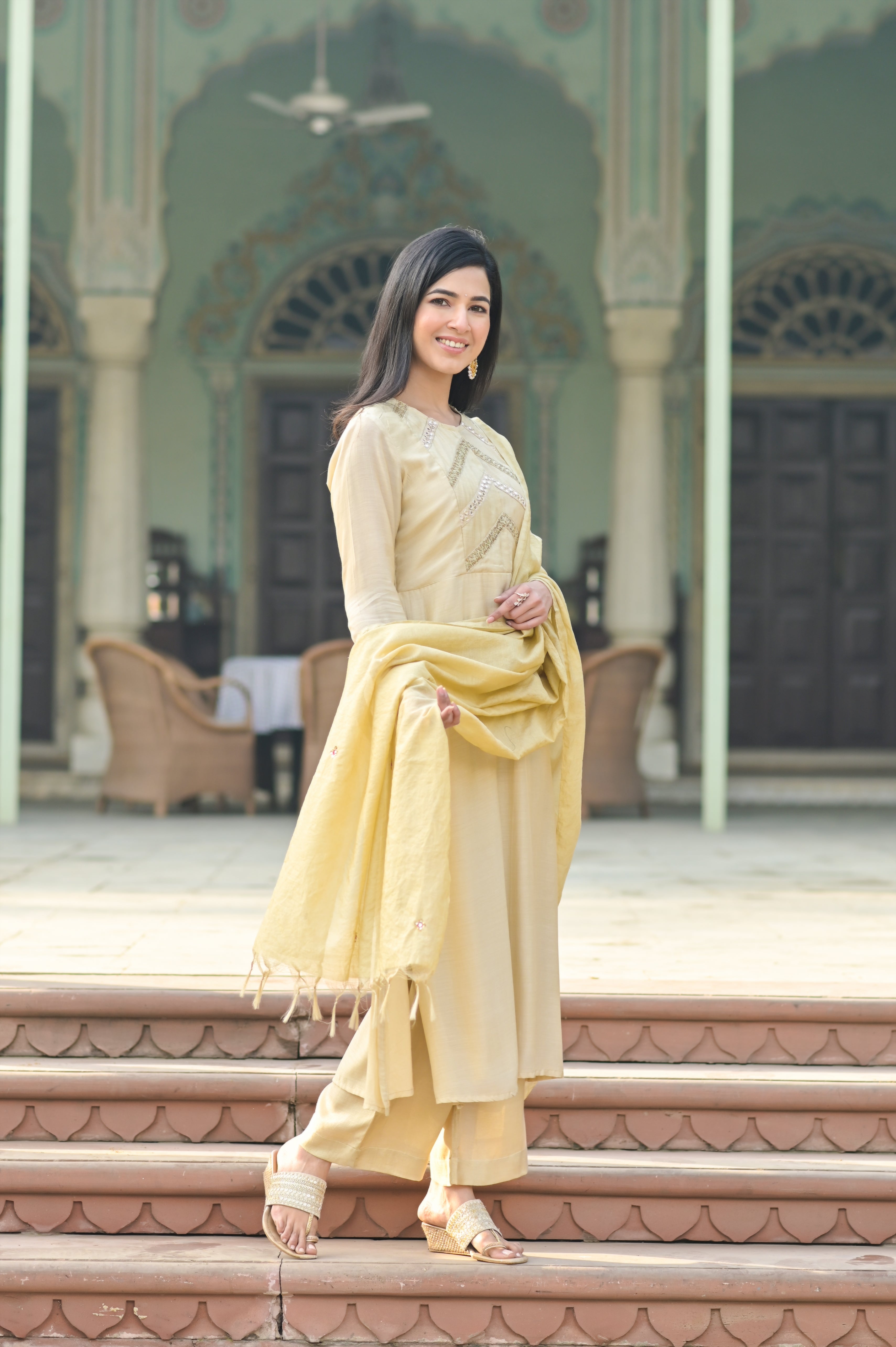 Beige Aari Work Placket Kurta Set-2pcs