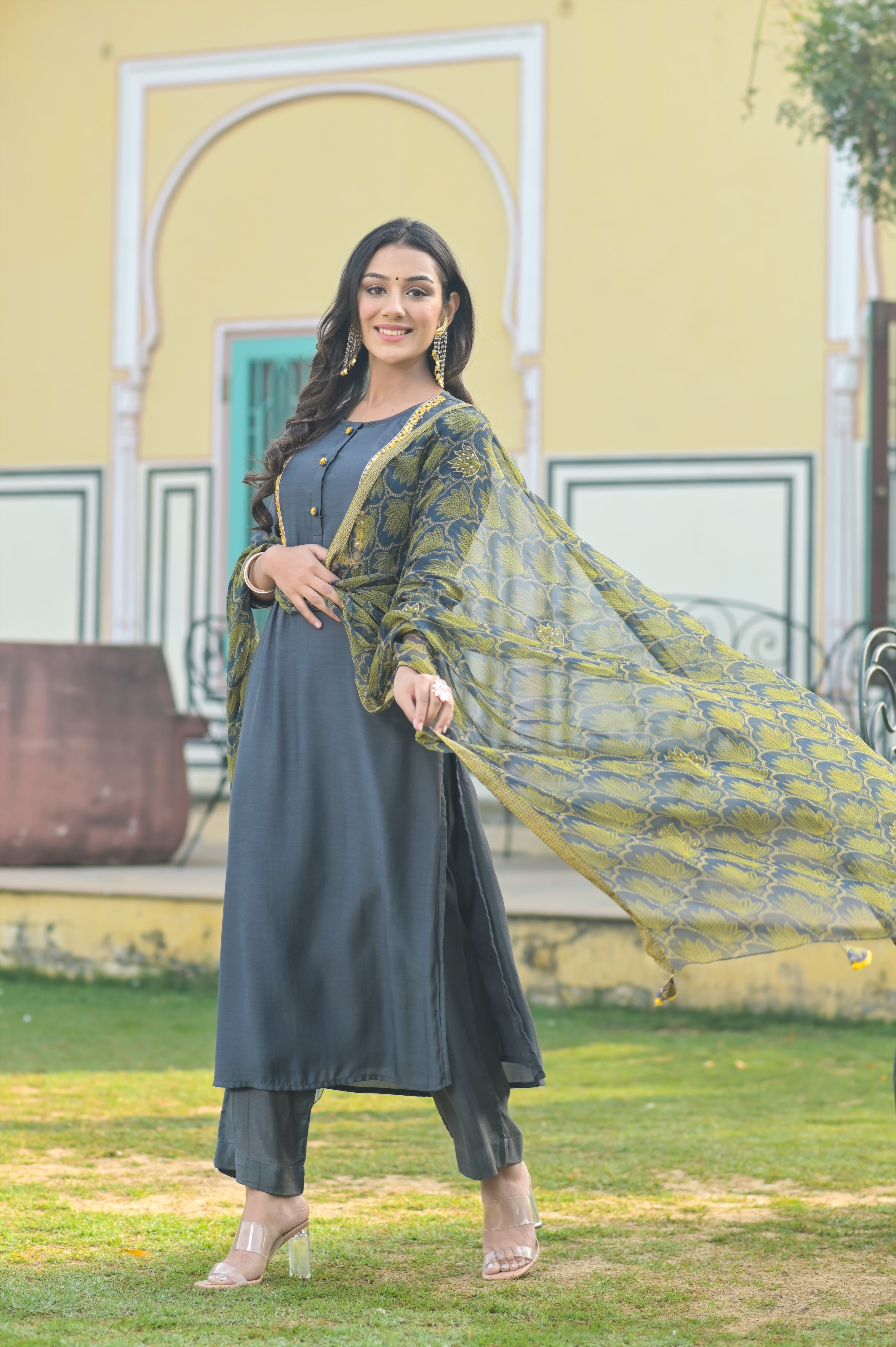Grey Aari Work Placket Kurta Set-3pcs