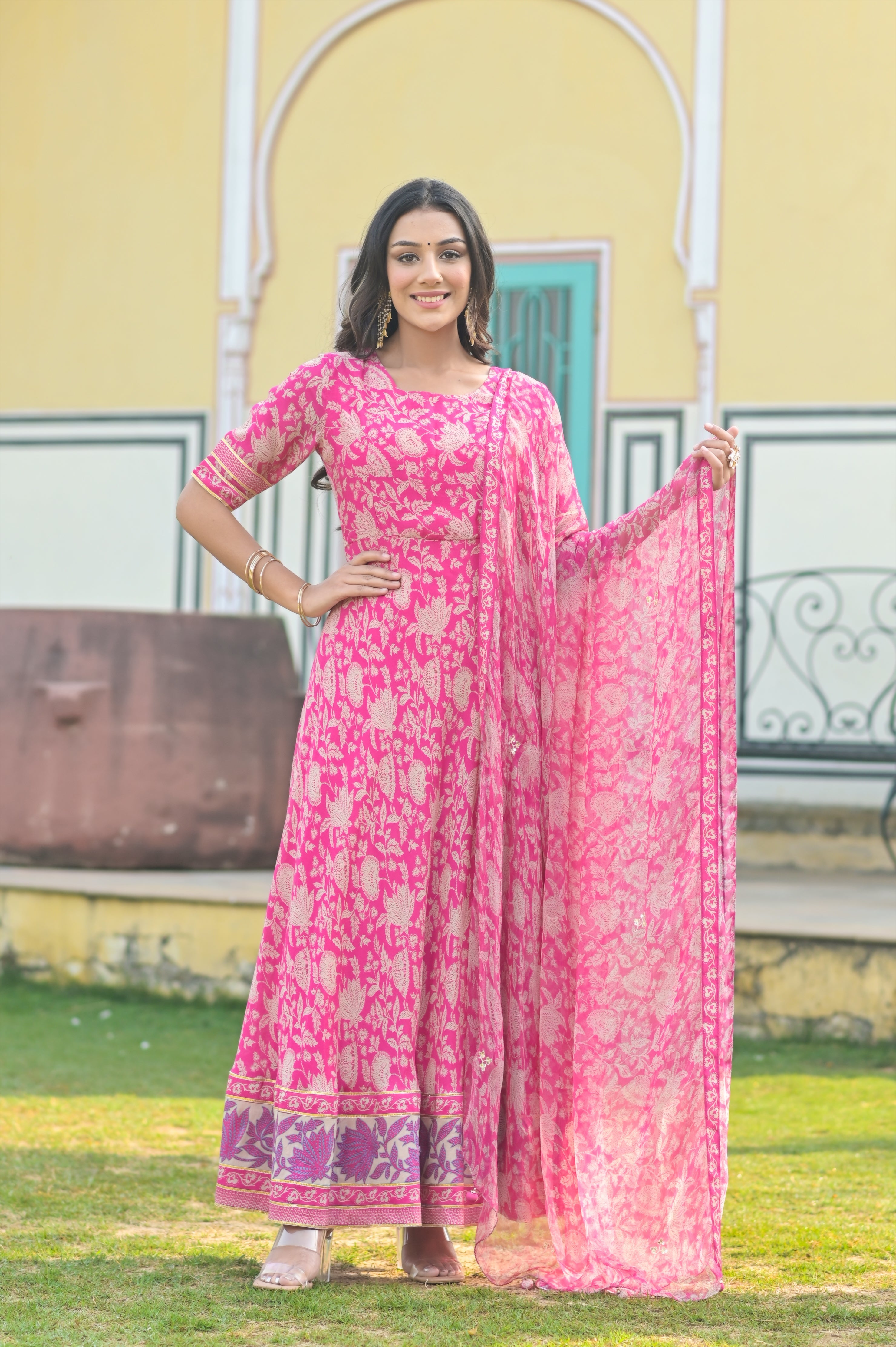 Pink muslin silk deep back anarkali with chiffon dupatta