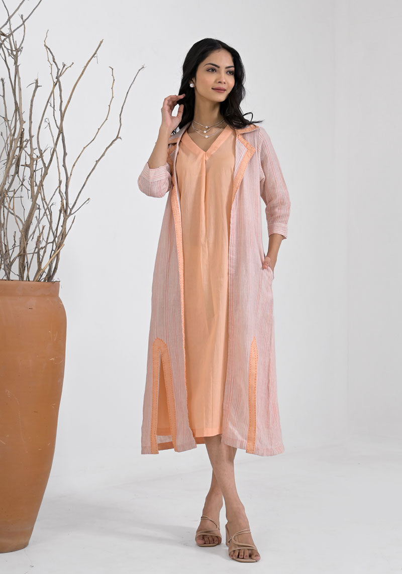 Breeze Peach Stripe  Jacket Dress Set-2pcs