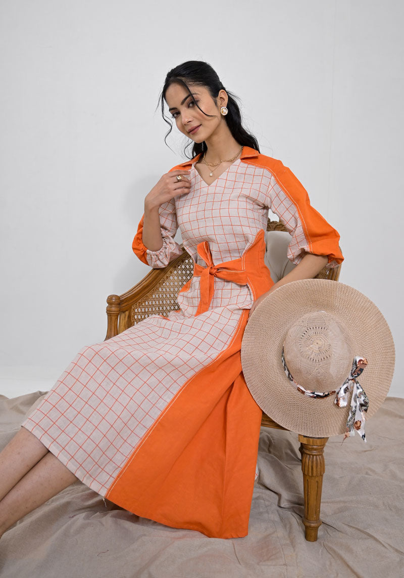Breeze Orange Check Patch Dress