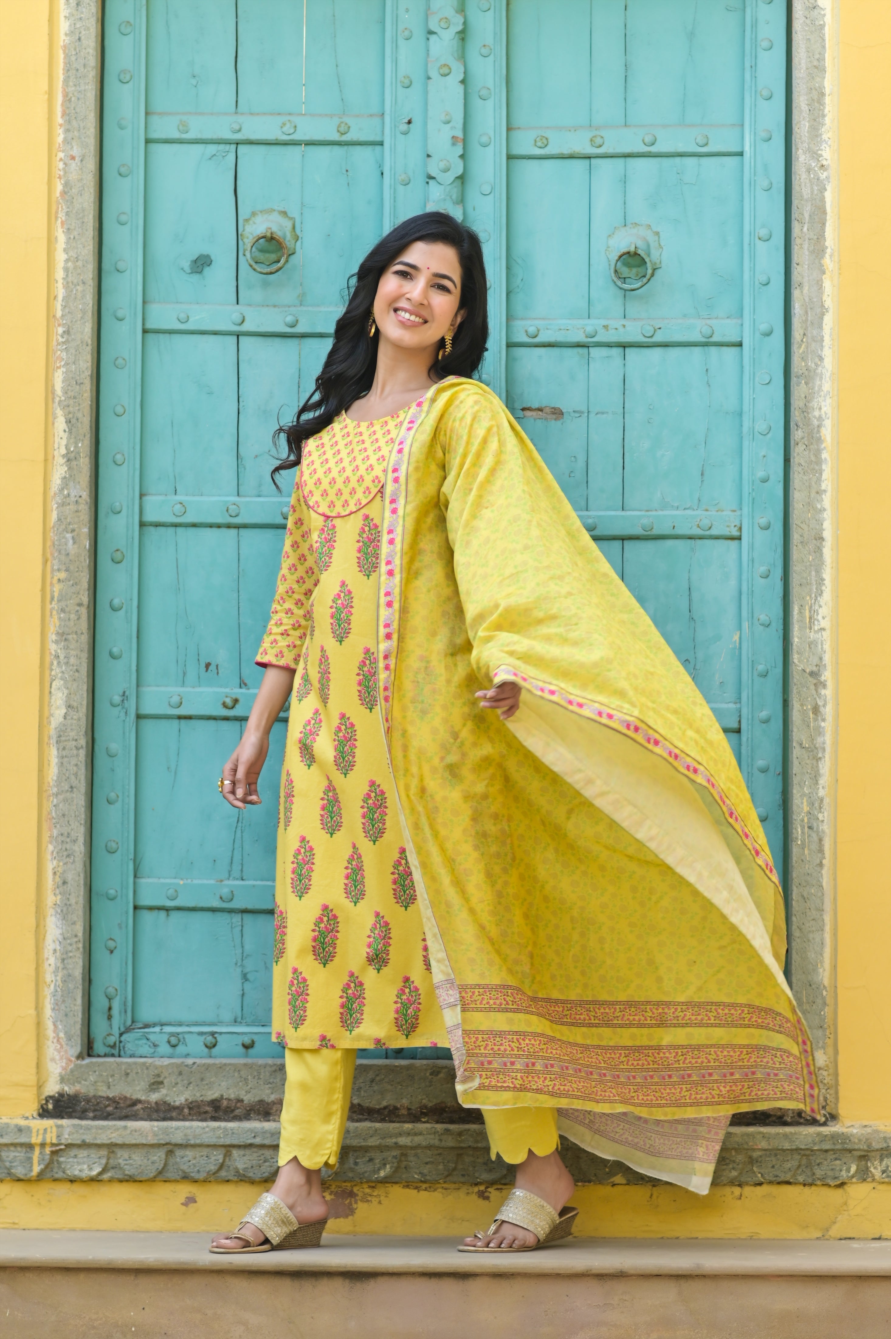 Yellow Buti Yoke Kurta Set-3pcs