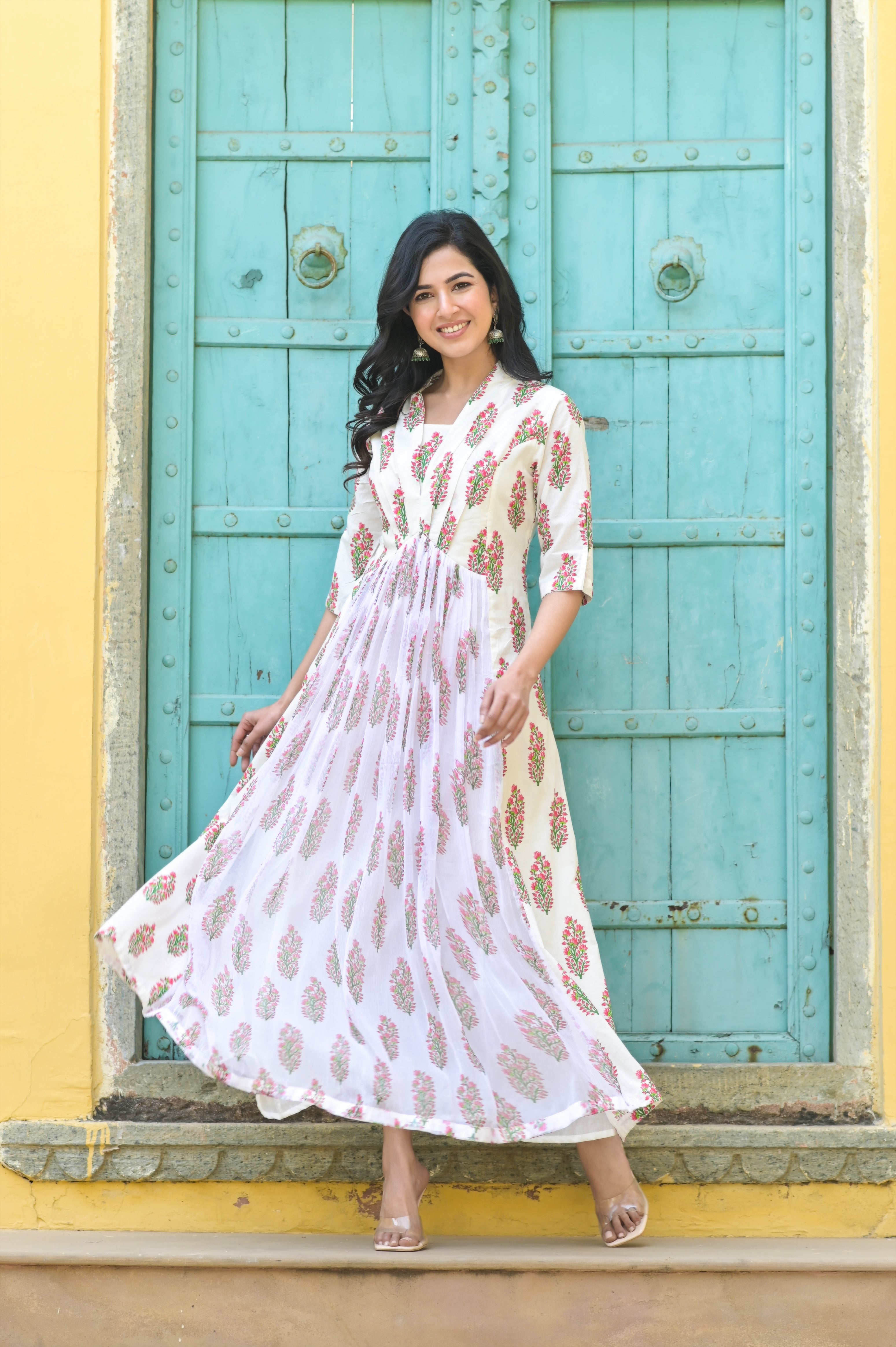 White Bouquet Chiffon Ripple Dress