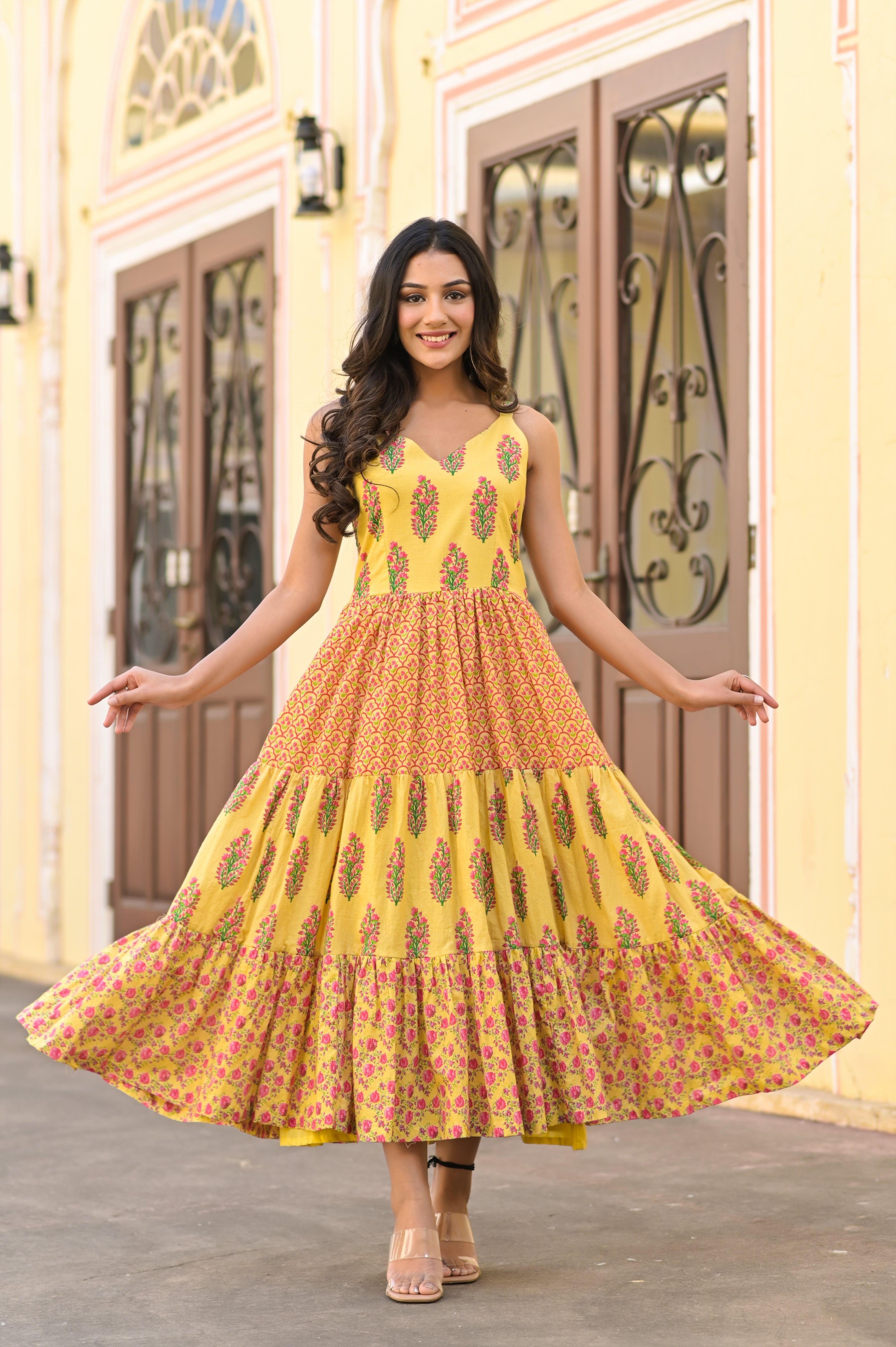 Mughal  sleeveless Yellow Tiered cotton Dress (Without Cape)