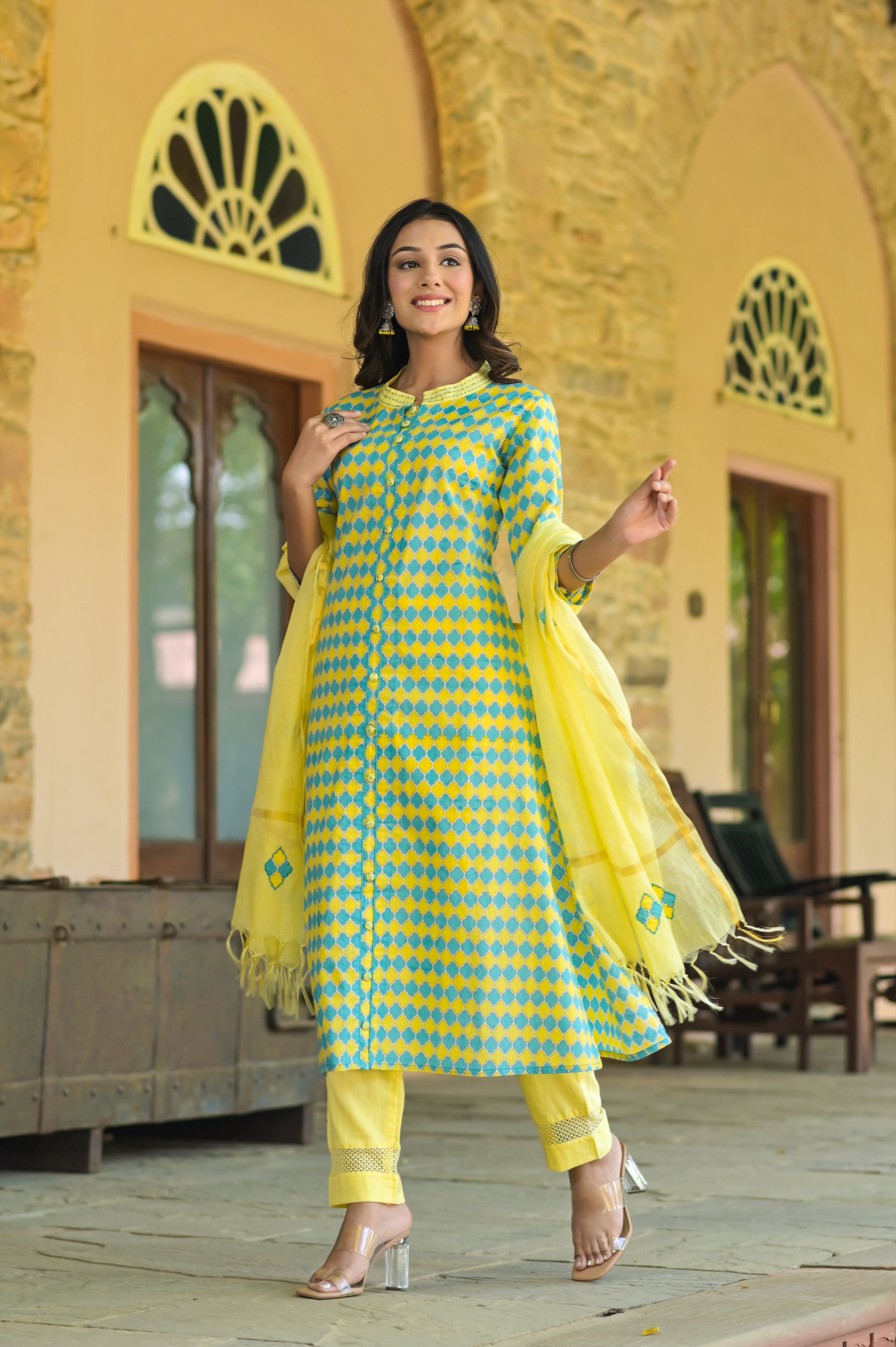 Turkish Geometric Pattern Kurta Set-3pcs