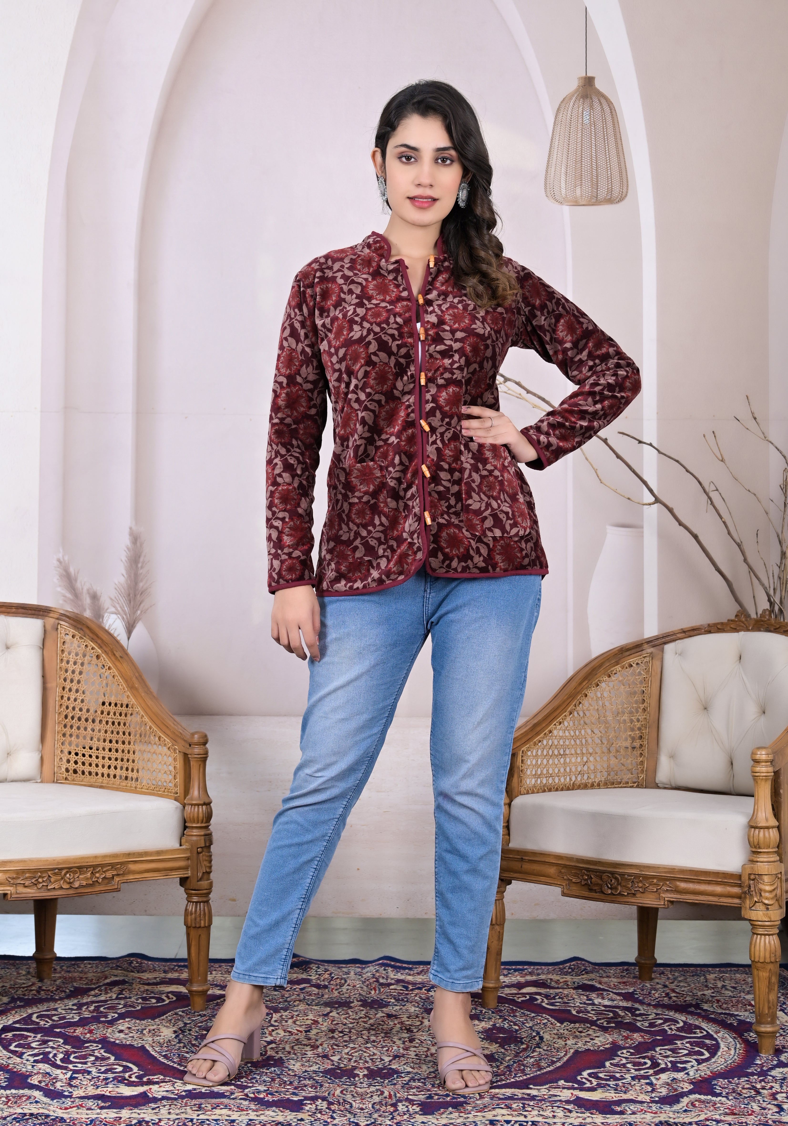 Rosy Velvet Full Sleeve Jacket