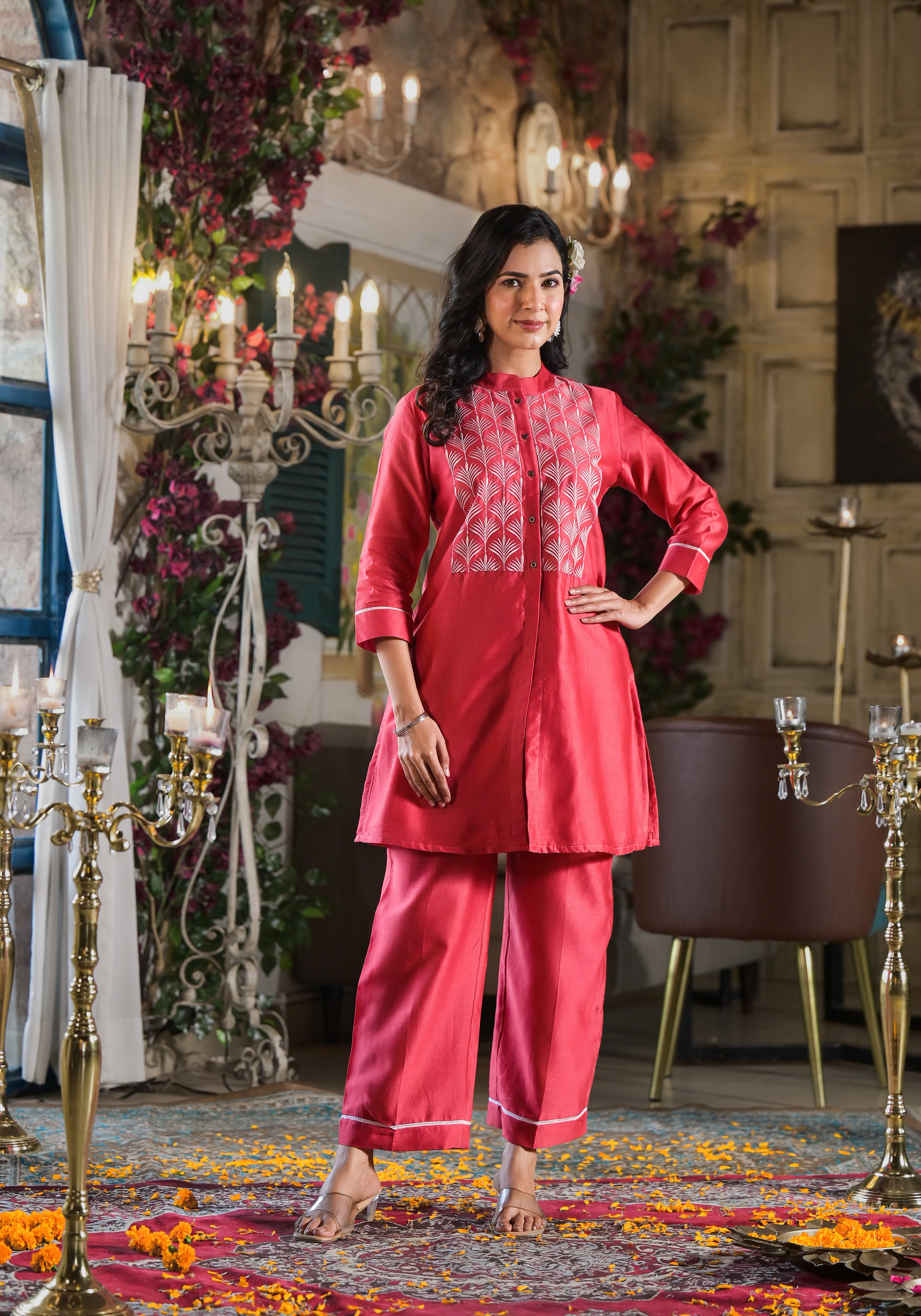 Red Chanderi embroidered Co-Ord set-2pcs