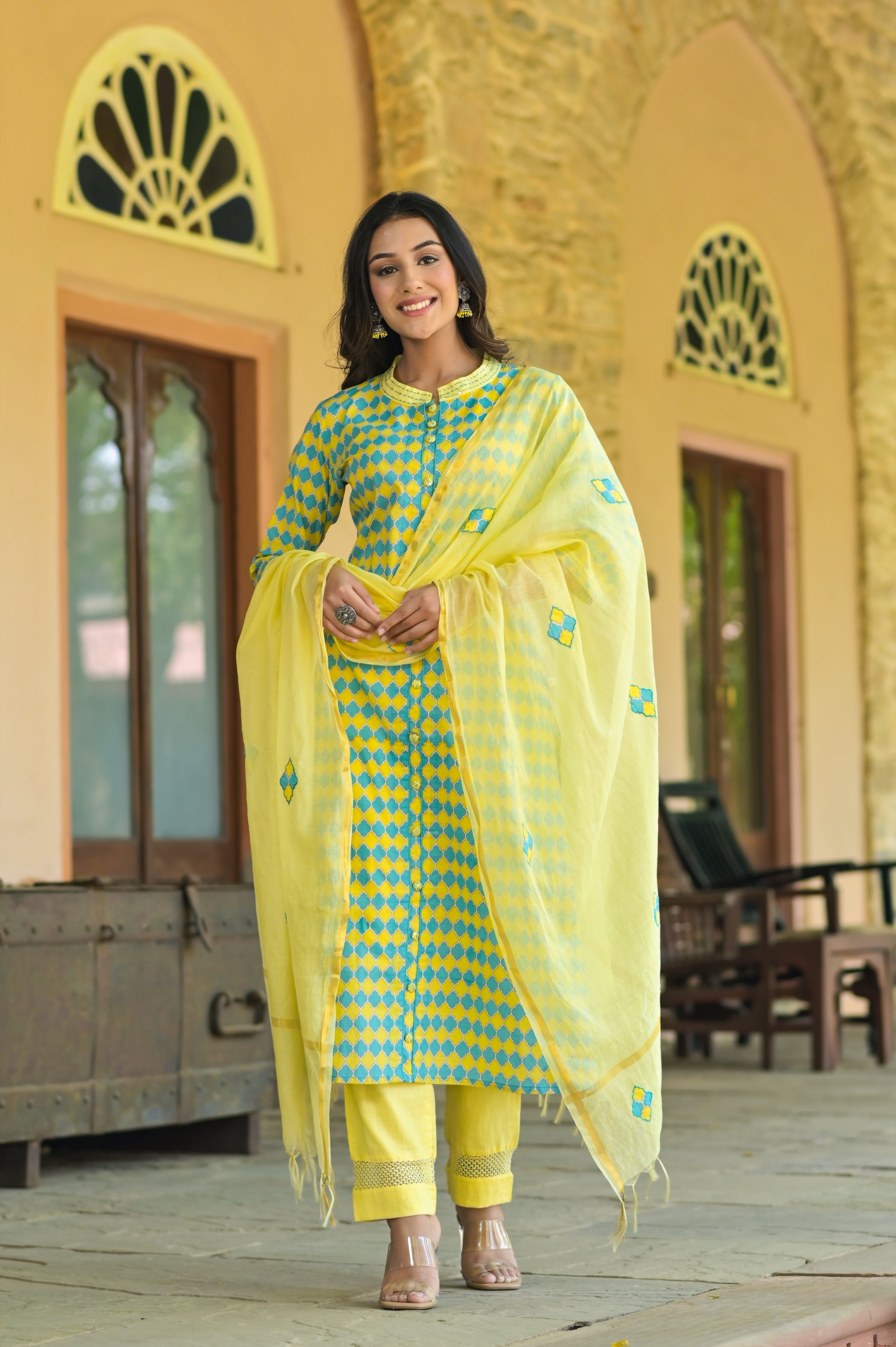 Turkish Geometric Pattern Kurta Set-3pcs