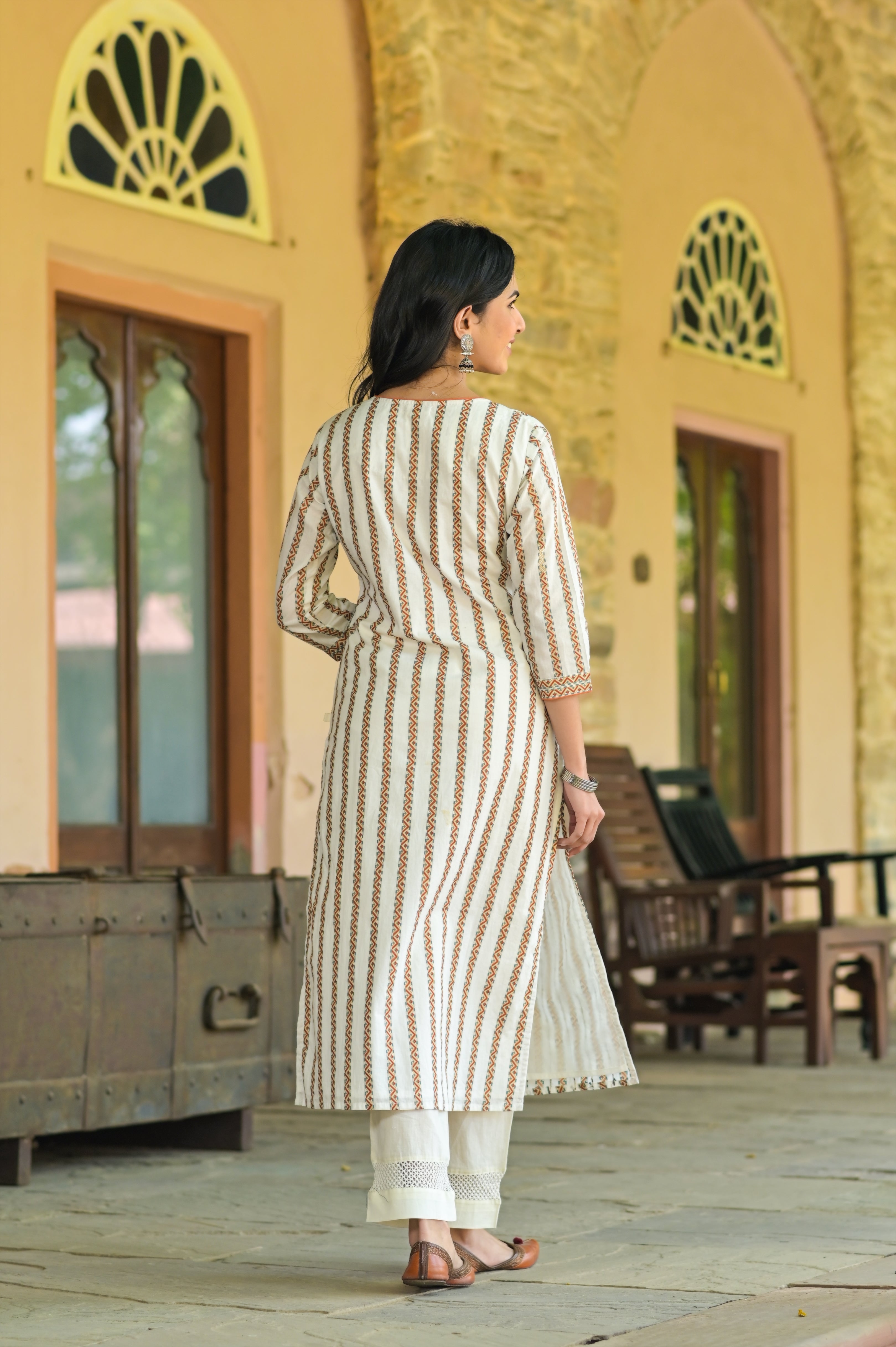 Rust Aztec Kantha Kurta Set -3pcs