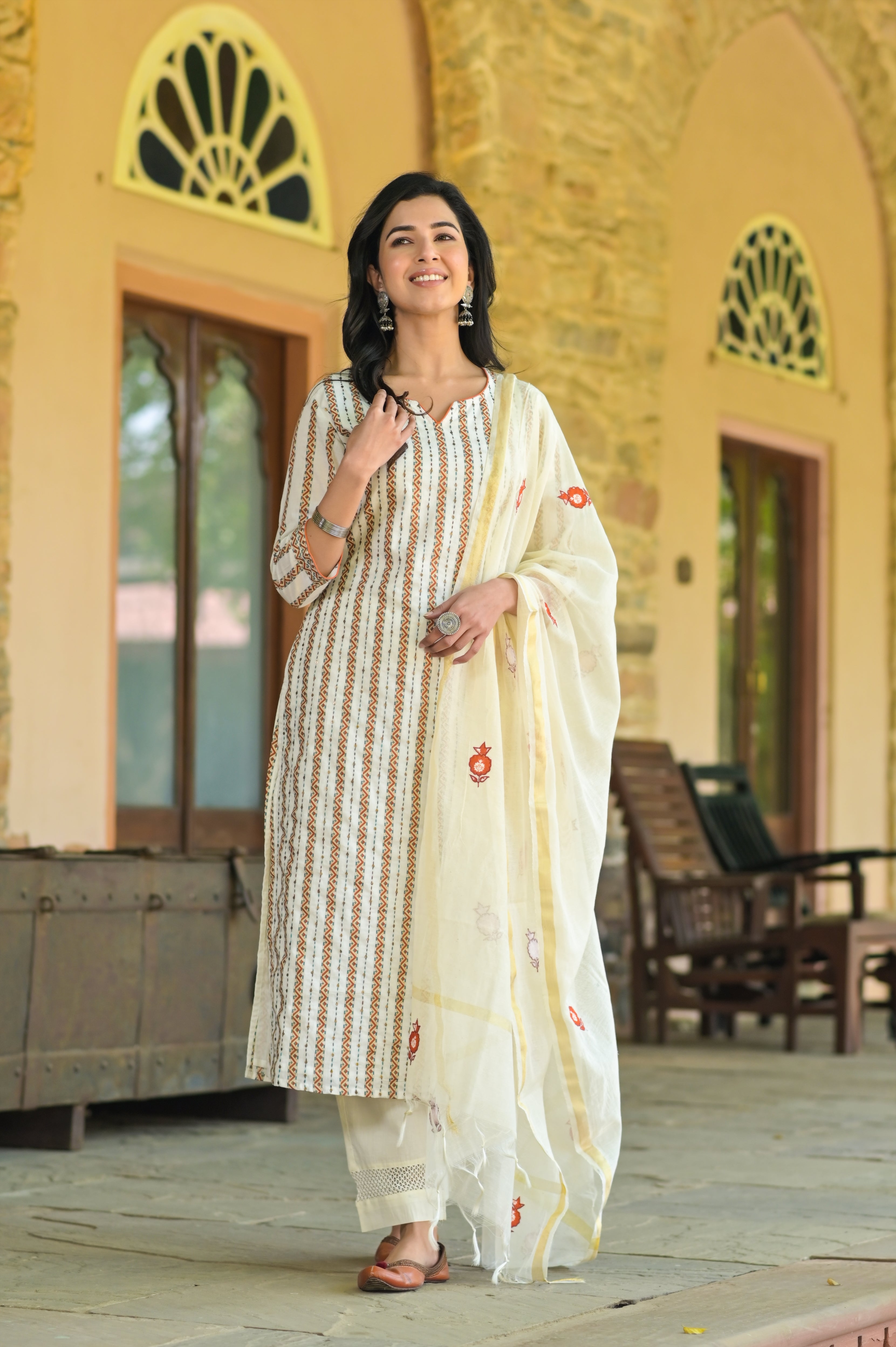 Rust Aztec Kantha Kurta Set -3pcs