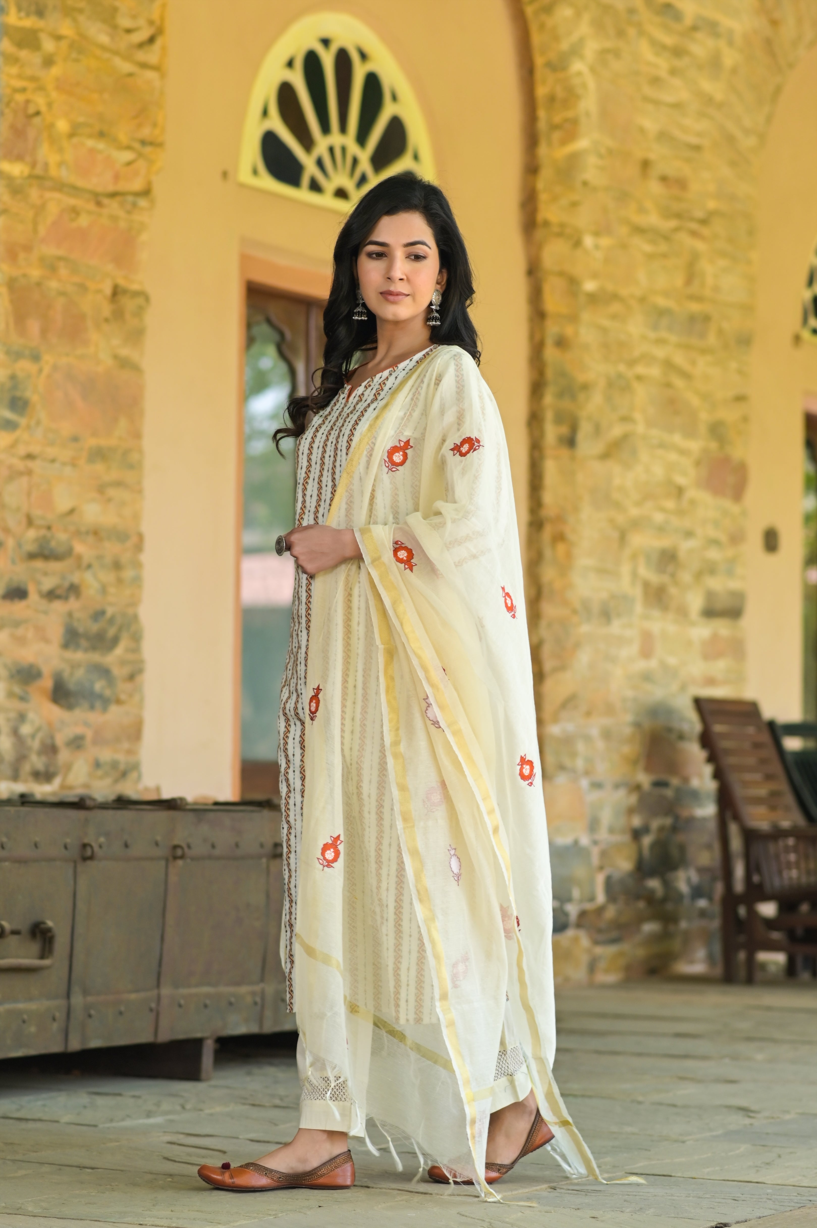 Rust Aztec Kantha Kurta Set -3pcs
