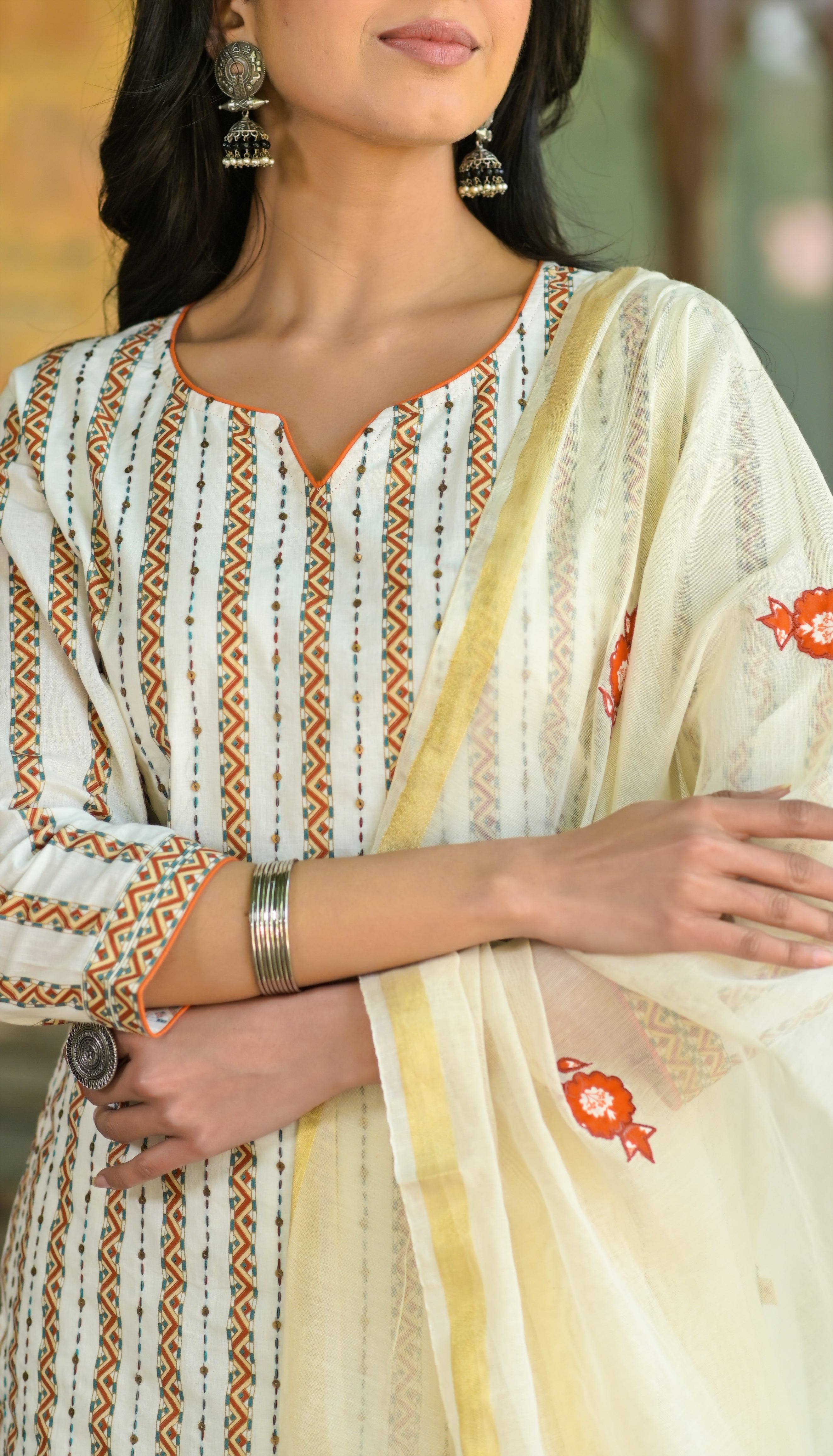 Rust Aztec Kantha Kurta Set -3pcs