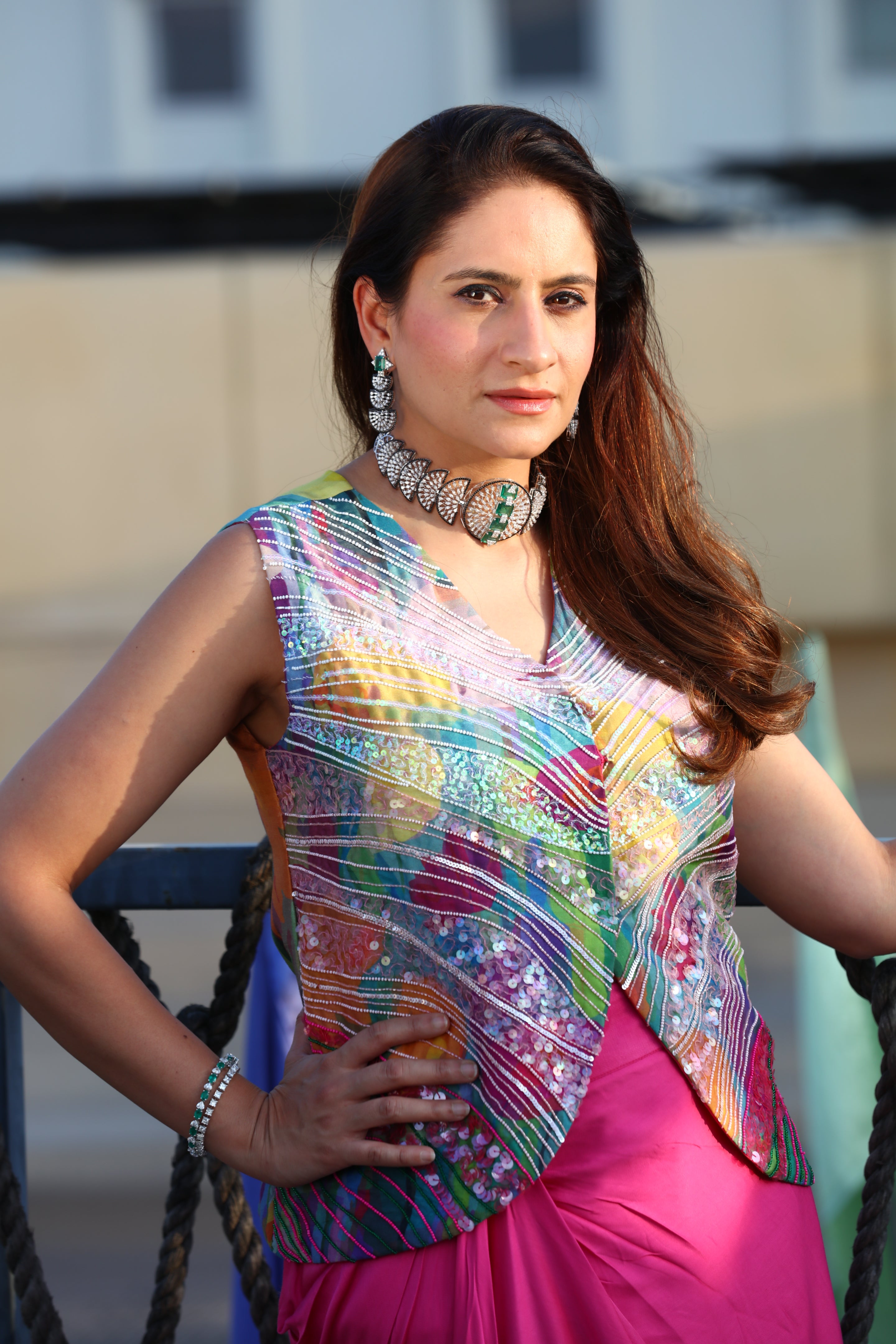 Pink embellished jacket with drape skirt