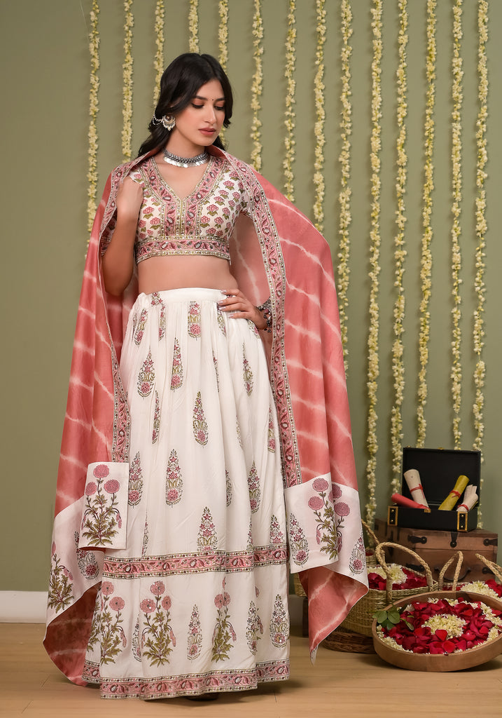 Pegaam Block Print  Lehenga Set-3pcs