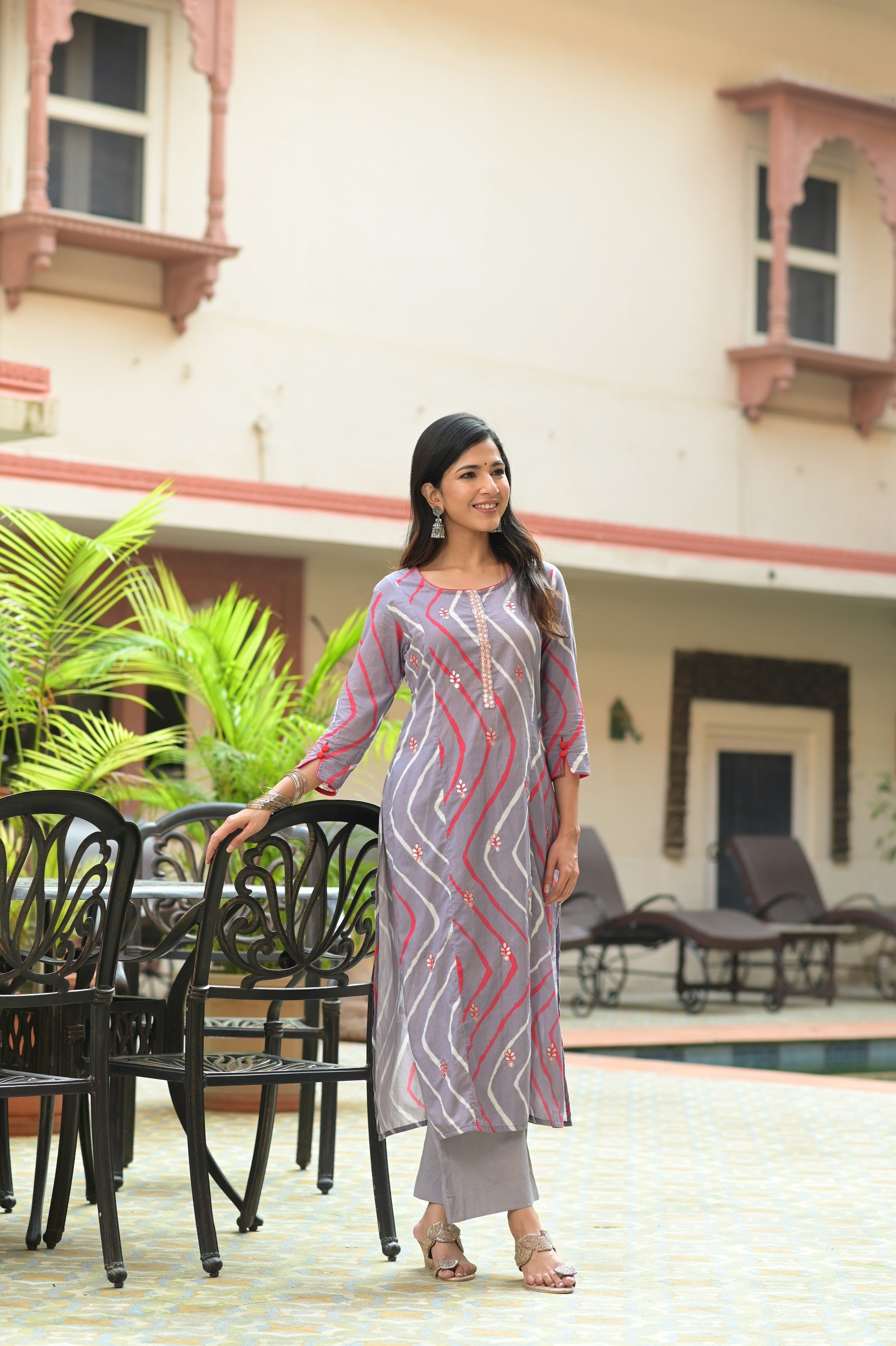 Grey Gota Leheriya Kurta