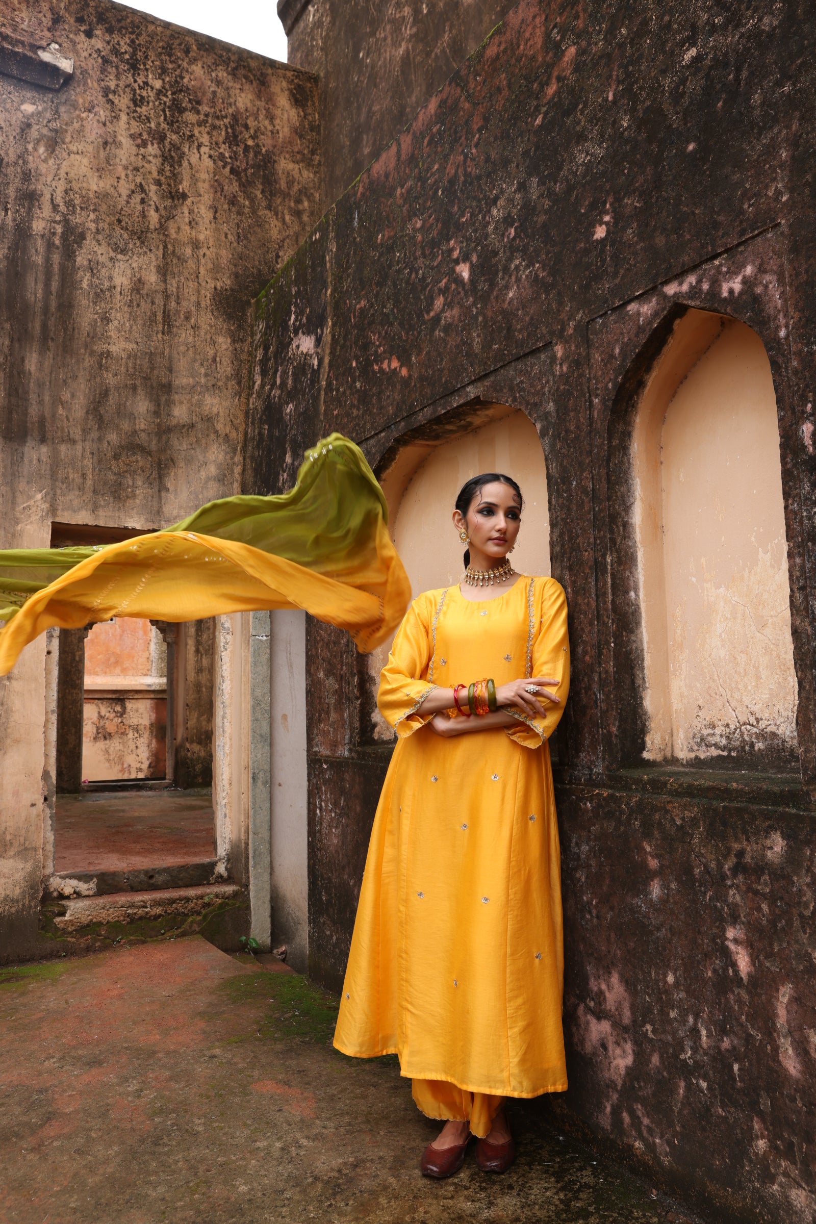 Yellow Embellished Koti Kurta Set