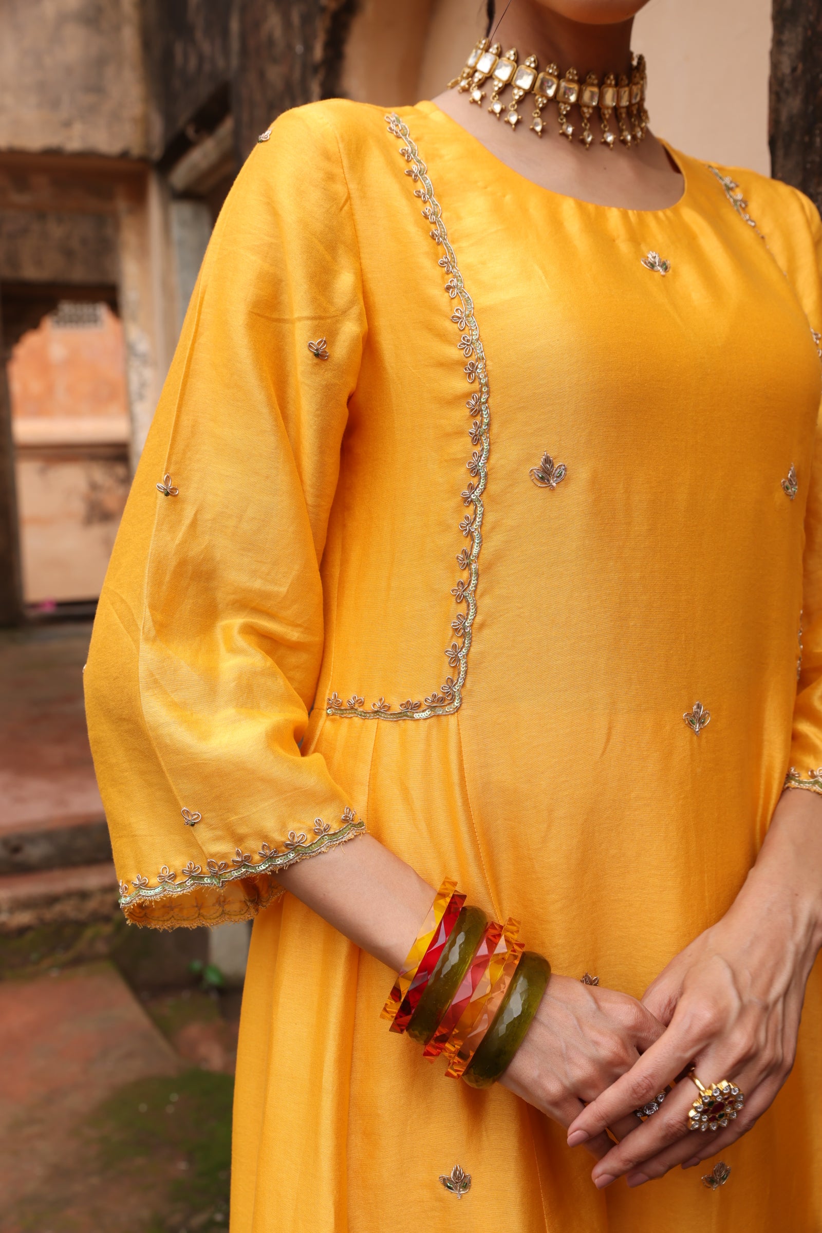 Yellow Embellished Koti Kurta Set