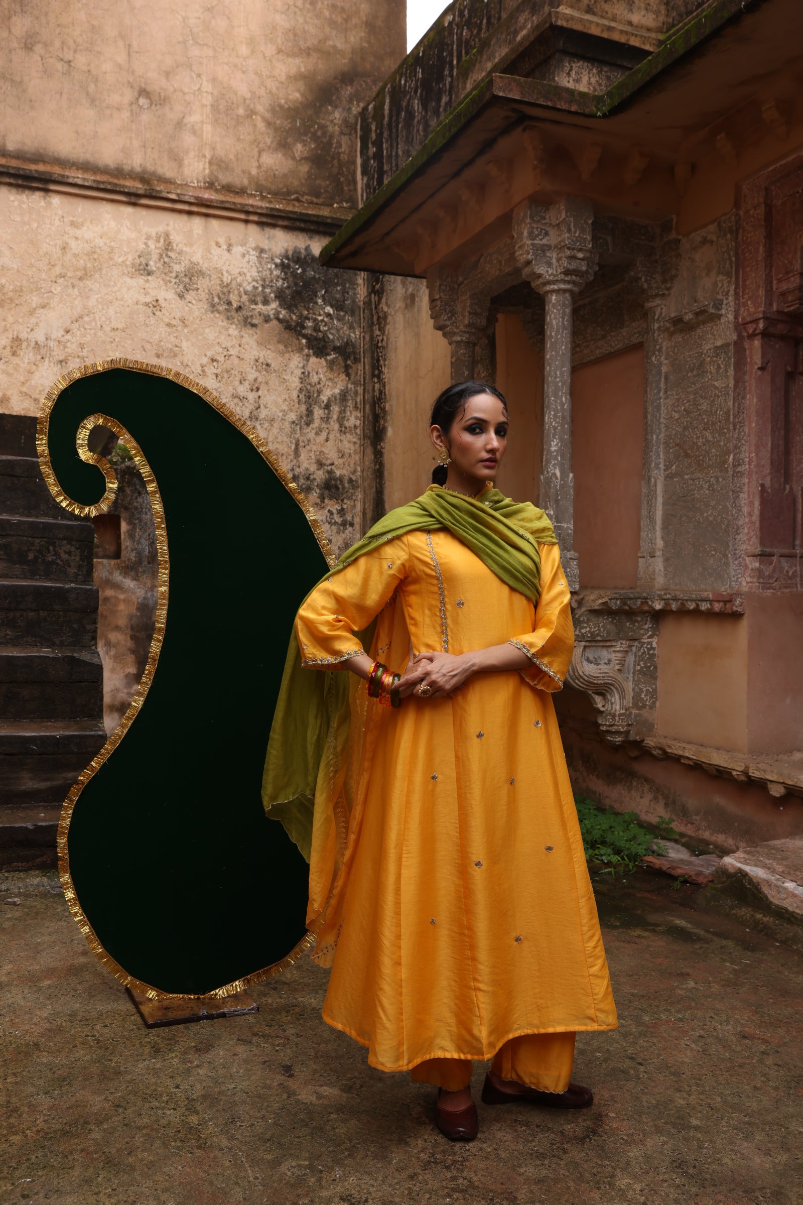 Yellow Embellished Koti Kurta Set